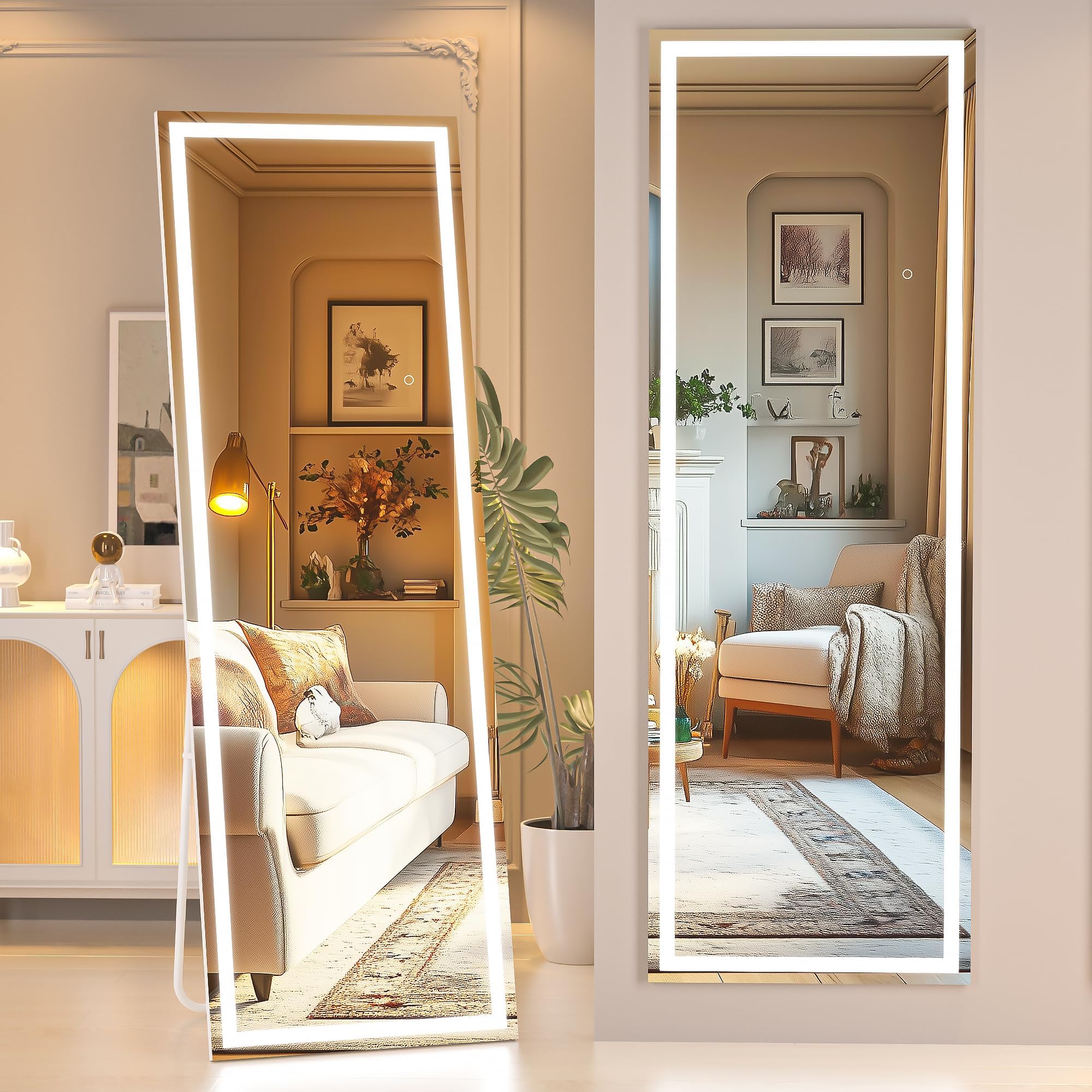 Hasipu Full Length Mirror with Lights, 56" x 15.8" LED Floor Mirror, Full Body Dressing Standing Mirror, Hanging Mounted Mirror for Living Room Bedroom Cloakroom, Square Black