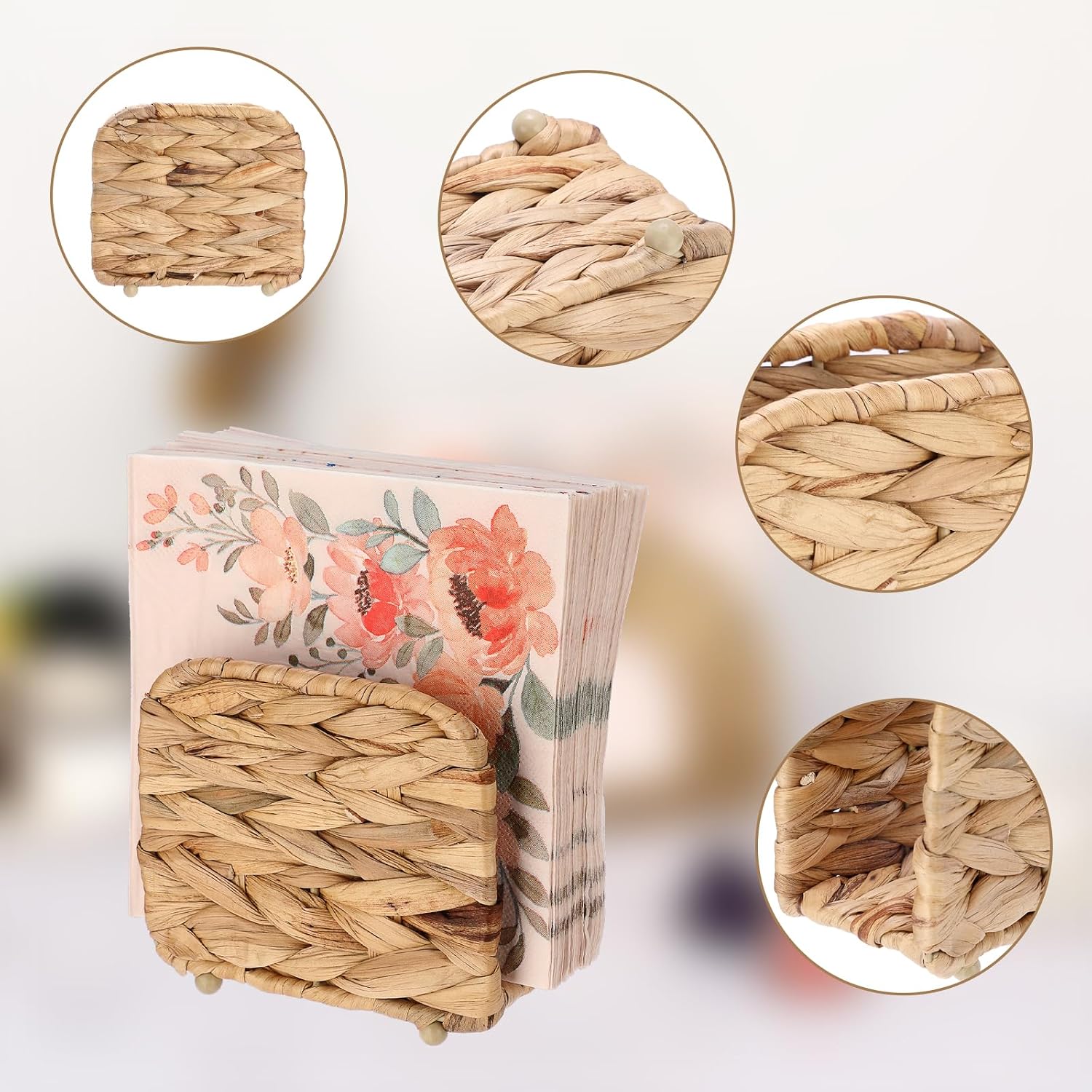 Sumnacon Napkin Holder for Table, Water Hyacinth Napkin Holders Wicker Upright Freestanding Paper Napkins Holder, Rustic Boho Napkins Dispenser for Restaurant Kitchen Dining Table Party Bar Decor