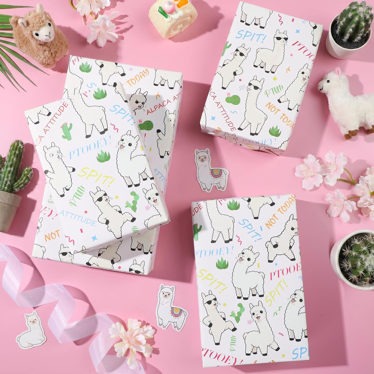 Liobelon Funny Alpaca Wrapping Paper Roll, 17 In x 16.4 Ft, Mini Roll - Llama Cactus Gift Wrap, Cute Spitting Alpaca Design with Sarcastic Words for Llama Birthday, White Elephant, Adult Humor Gifts image 4