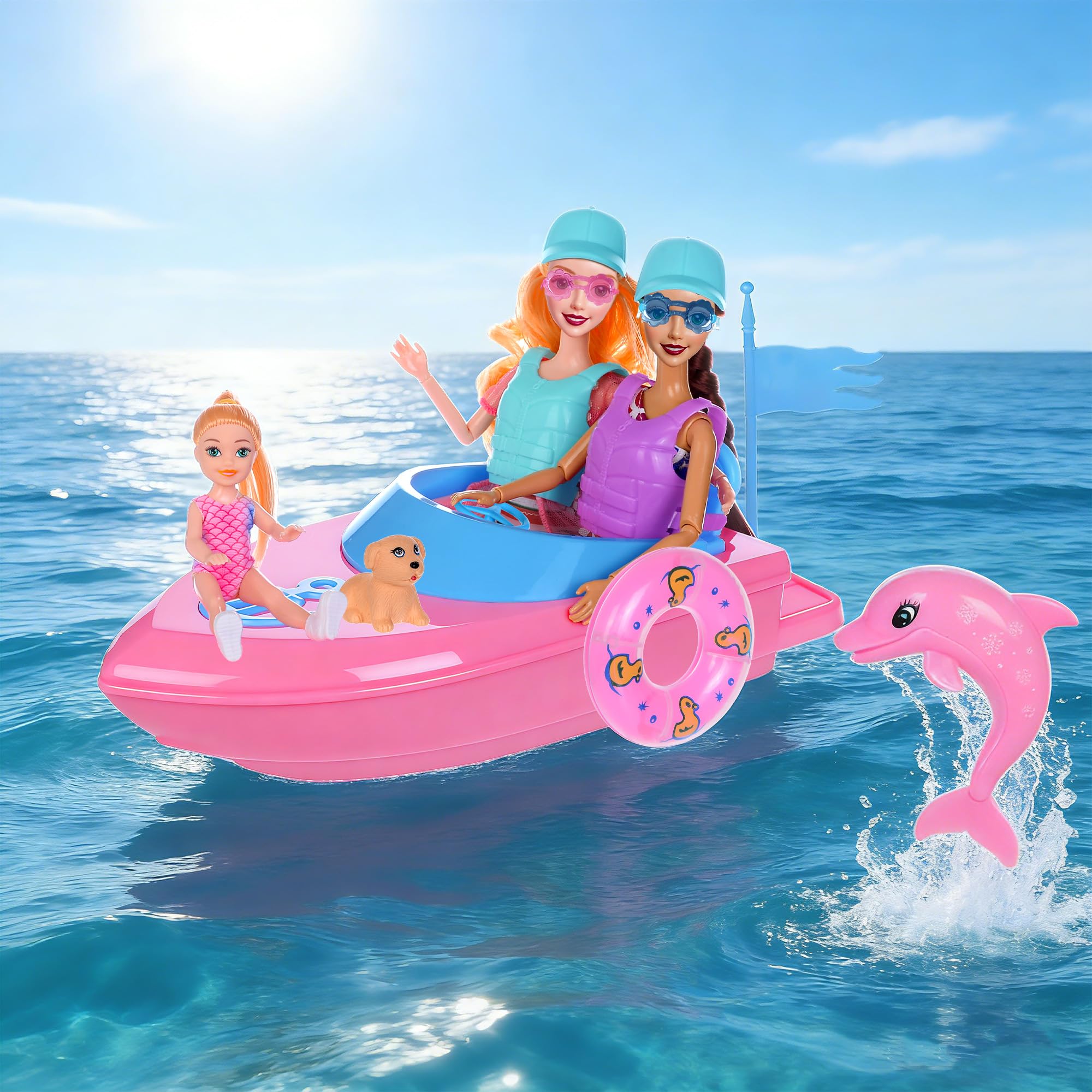 dollbie 11,5 Zoll Modepuppen und Boot Spielset - 3 Puppen mit Badebekleidung, Schwimmwesten, Zubehör, Haustier Welpe und Delfin Spielzeug - Sommer Strand Abenteuer Geschenkset für Mädchen