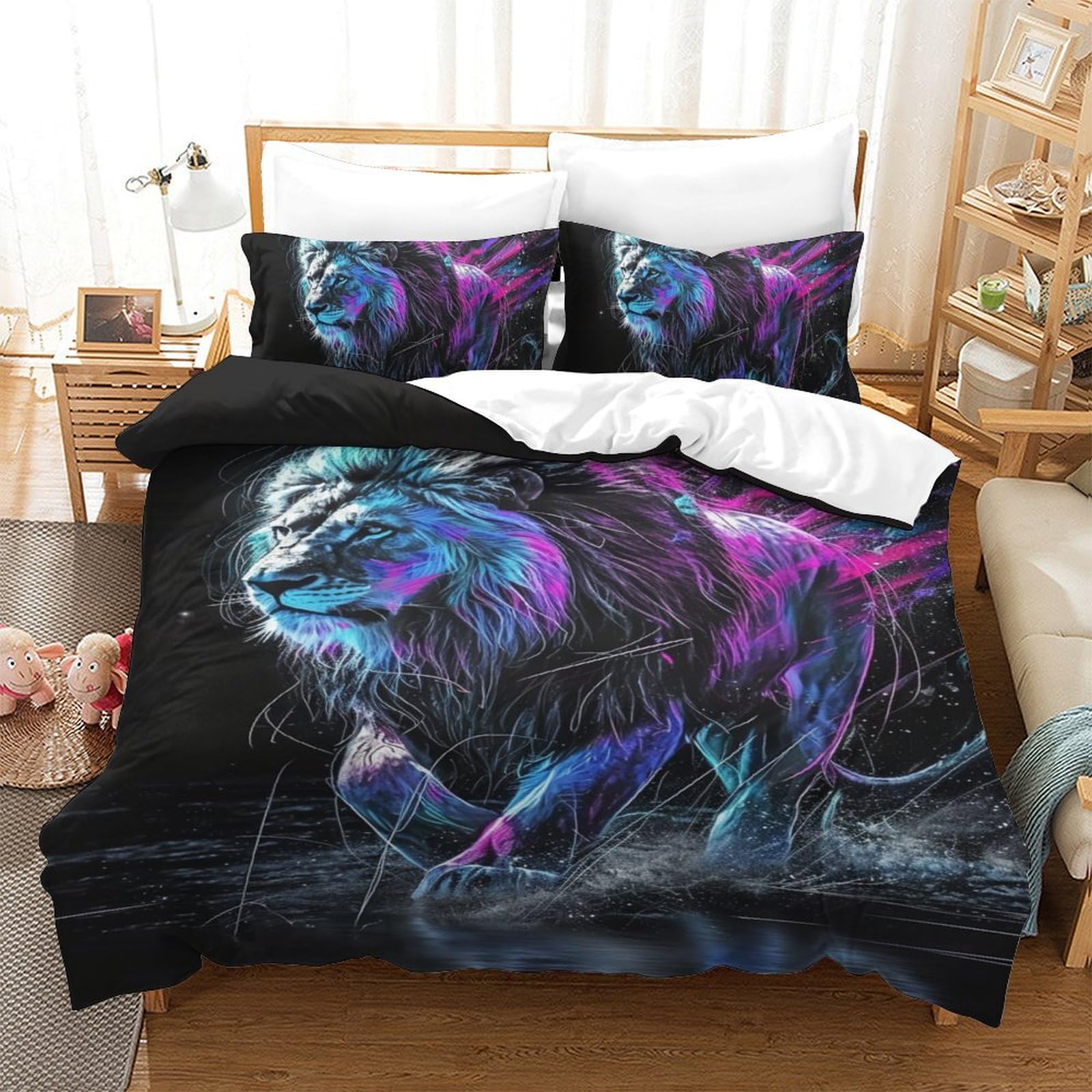 Housses de couettes lion imprimé 3D en microfibre respirante et douce pour lit 1 personne