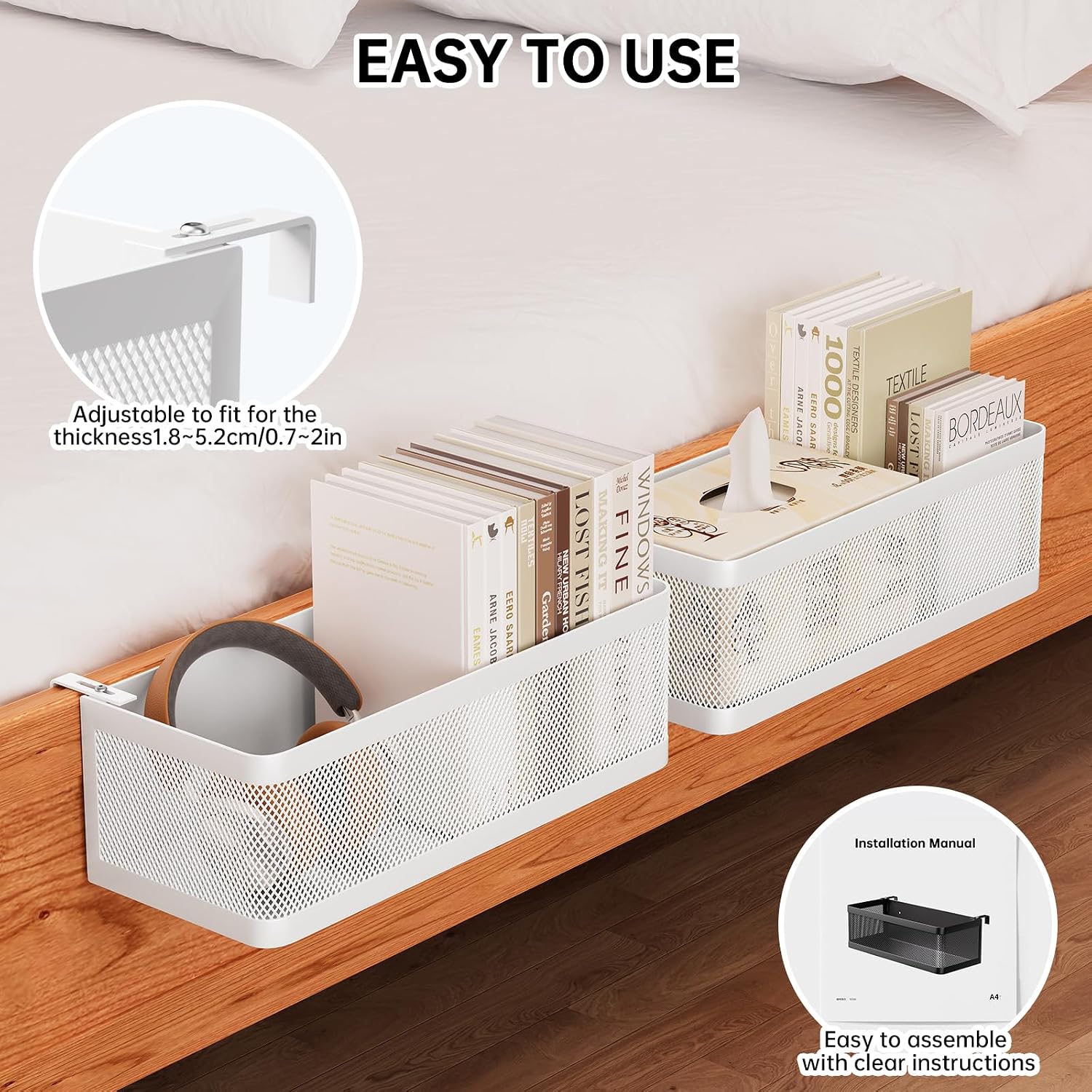 Bedside Caddy Shelf for Bunk Bed & Dorm, Adjustable Bunk Bed Caddy Holder for Top Bunk, Rails, Cribs, Bedside Shelf Organizer for Phone/Books/Drinks (White, L(L11in*W4.9in*H3.93in))
