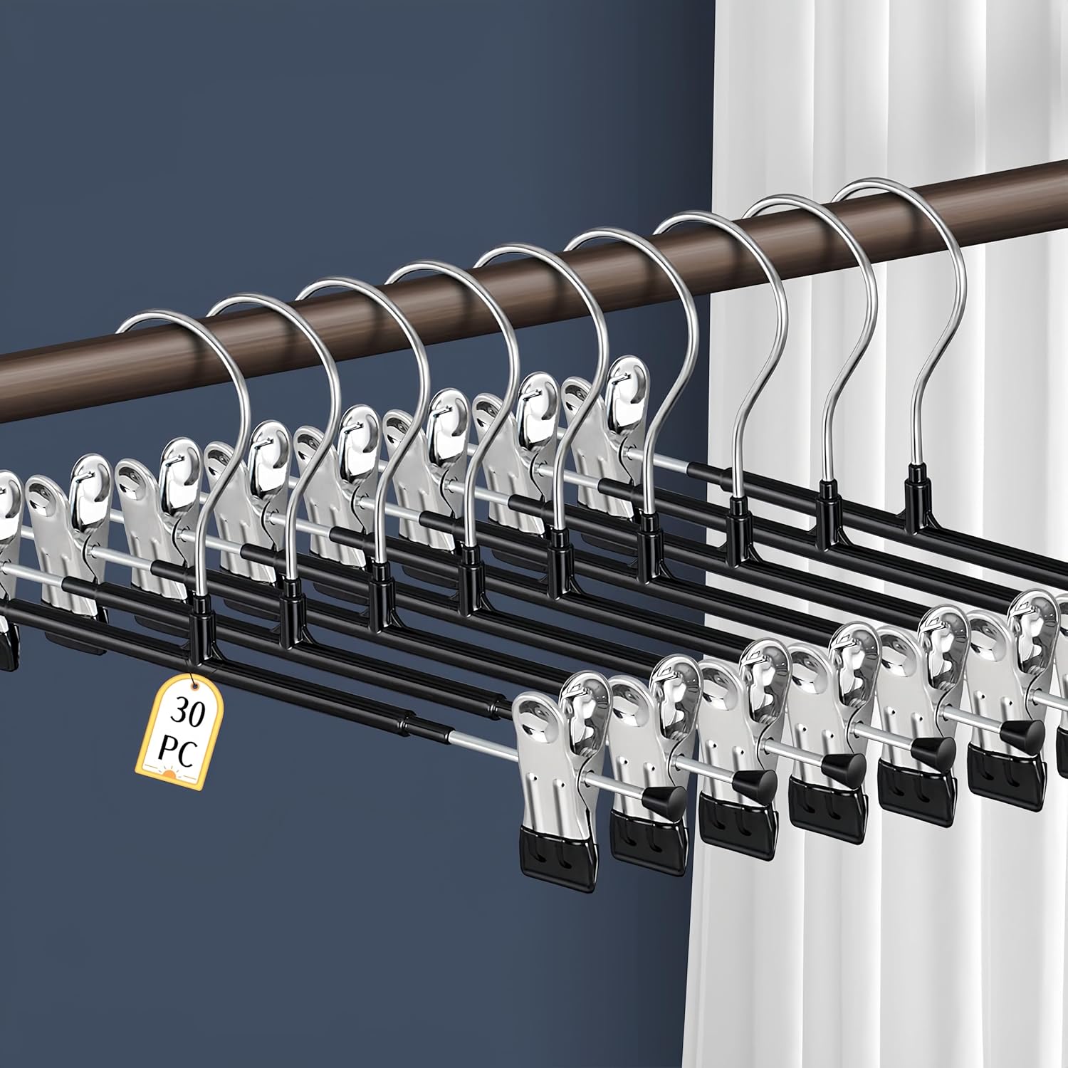 30PACK Pants Hangers with Clips Adjustable Skirt Hangers for Women Black Metal Non-Slip Trousers Hanger Heavy Duty Space Saving Clothes Hangers for Shorts,Jeans,12Inch