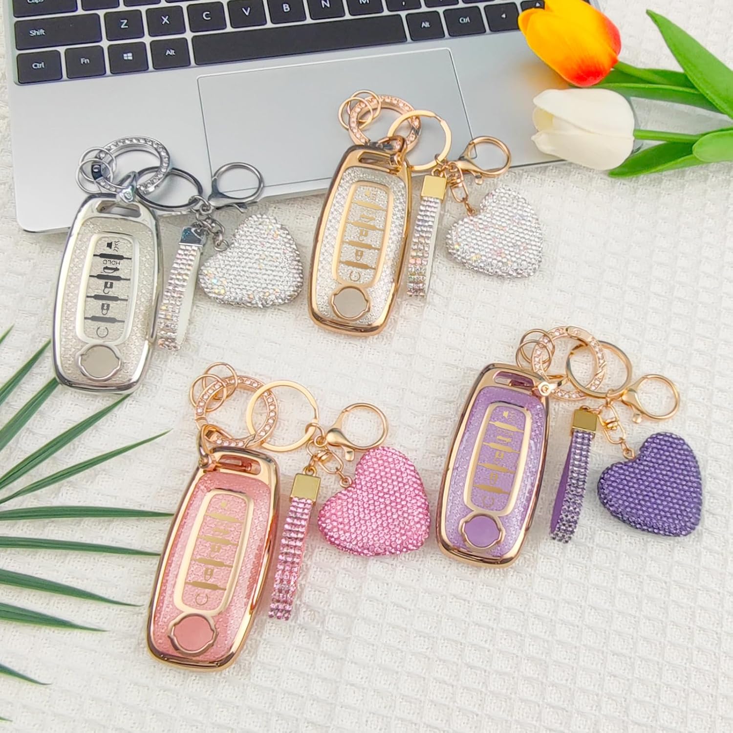 5 Button Key Fob Cover with Diamond, Compatible with Nissan Rogue Pathfinder Versa Kicks Ariya Sentra Armada, Sparkling TPU Key Case and Bling Heart Decoration for Women, A-Style (Silver)