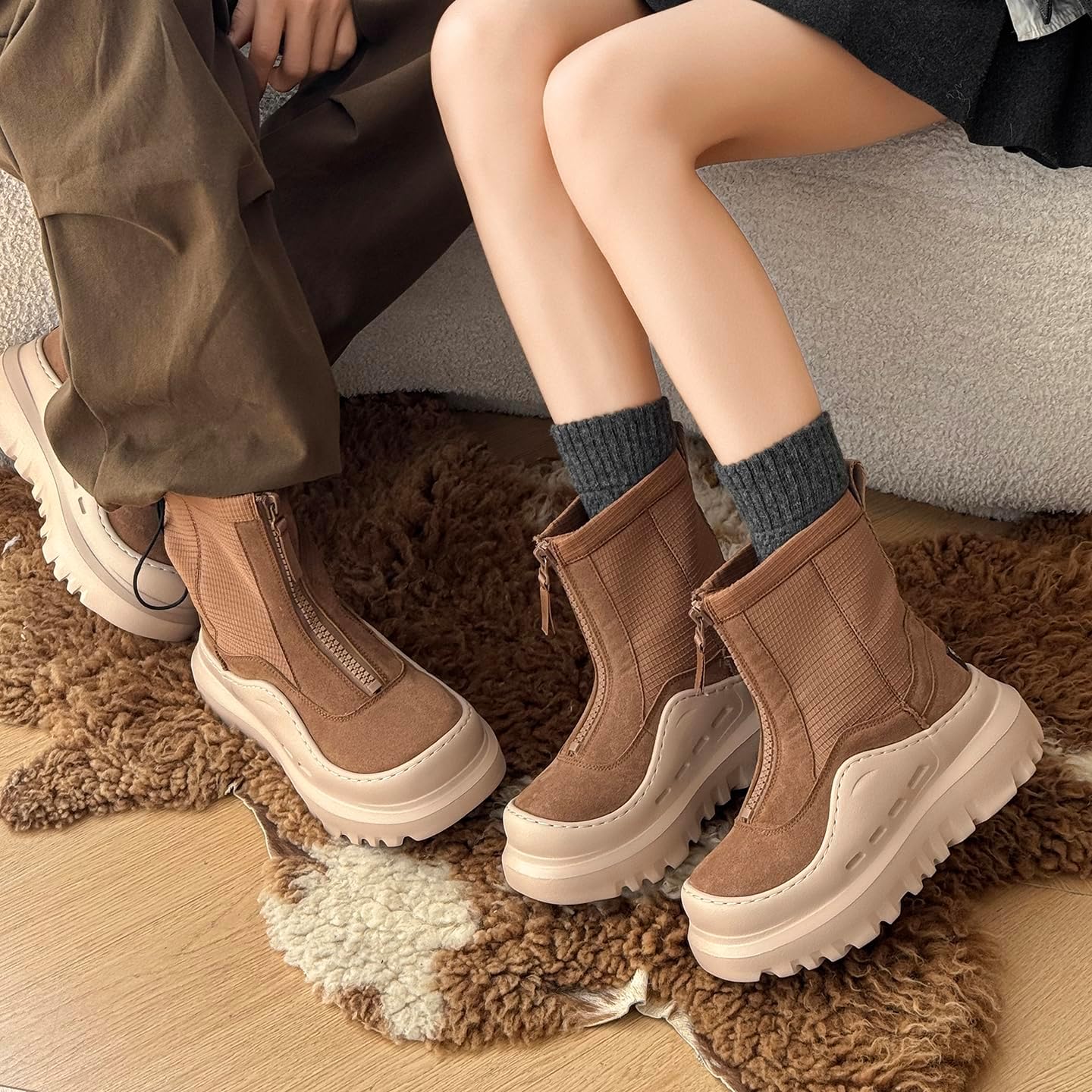 Unisex Platform Winter Snow Boots Warm Light Walking Ankle Boots For Women Fuzzy Lining