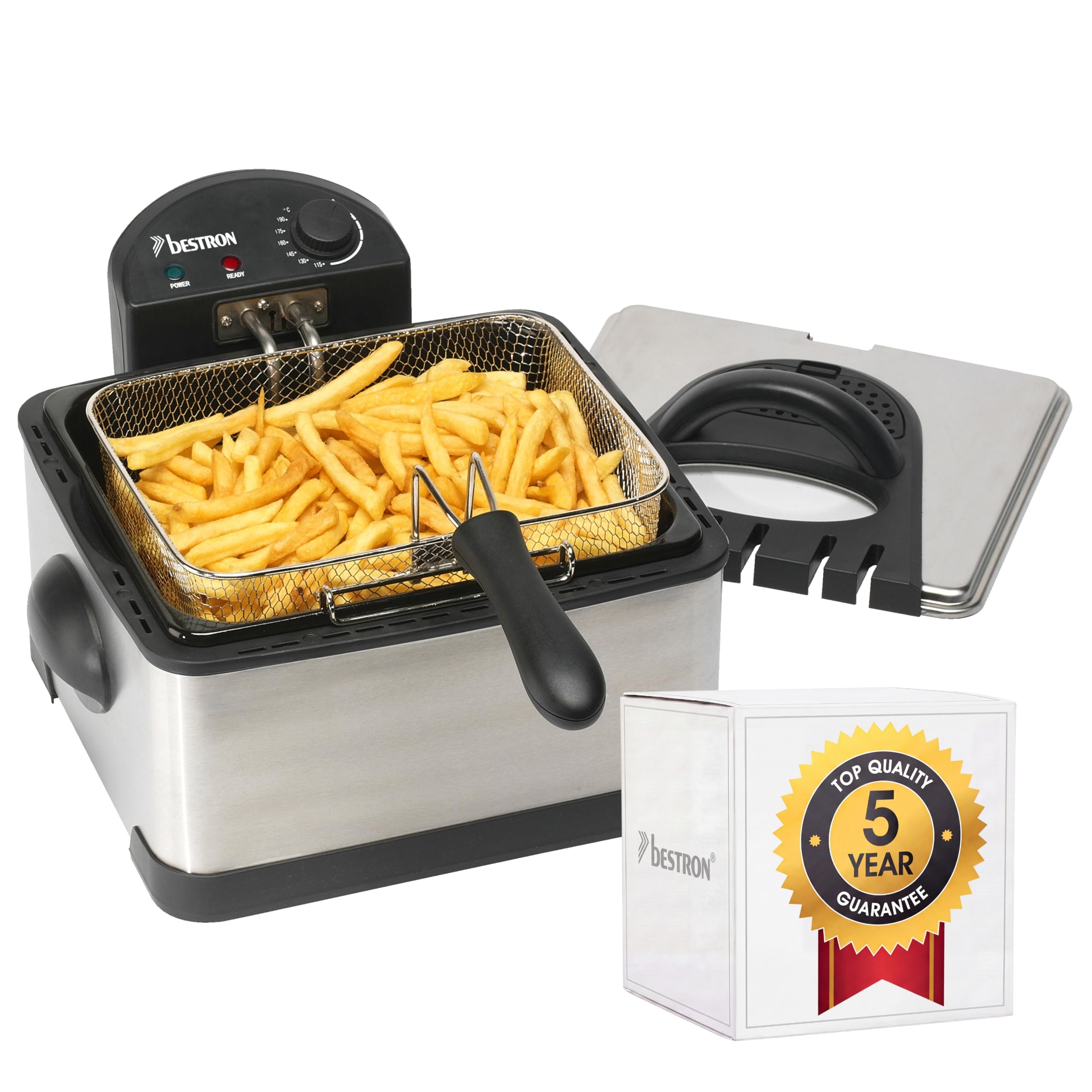 Bestron Friteuse familiale avec zone froide, 3 paniers, 4 litres, Capacité de 1,5 kg/2x750 g de friture, Fenêtre de visualisation, 2000 W, Acier inoxydable, Argenté