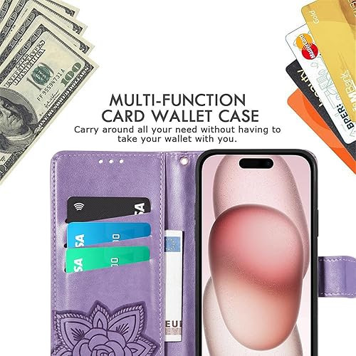 Miniatura 3 de Funda tipo cartera para iPhone 15 Plus, con estampado de mariposas y flores en relieve, de piel de primera calidad, con ranuras para tarjetas,