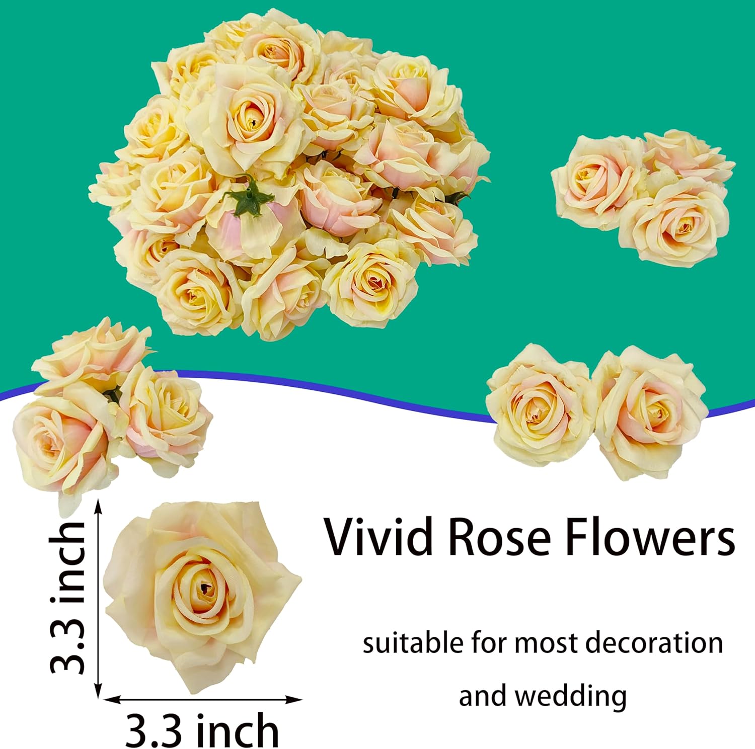 ATFL Artificial Satin Rose Flower Heads,48 Pcs Silk Rose Heads with Stems,3.3'' Rose Artificial Flowers Bulk,Artificial Rose Flower Heads for DIY Crafts Bouquet (48, Champagne)
