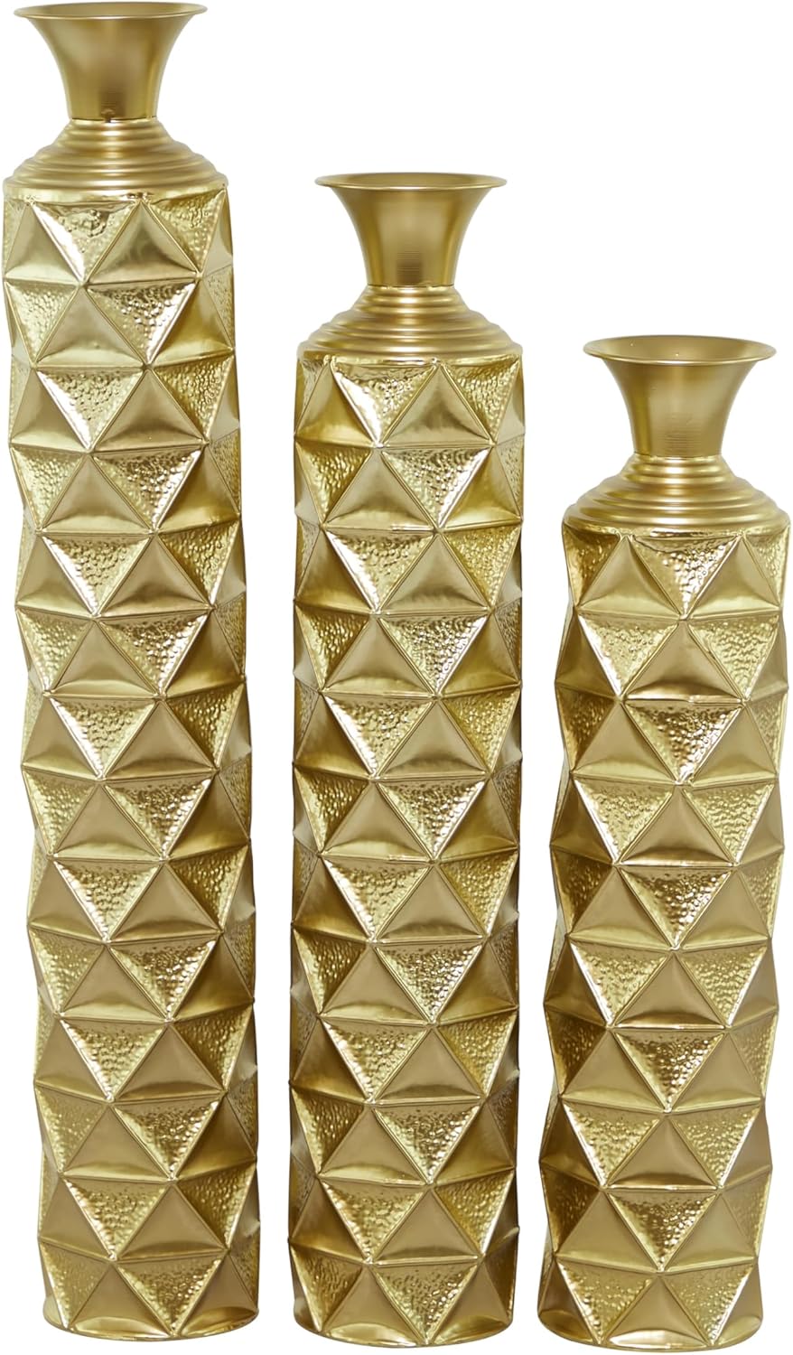Deco 79 Metal Decorative Vase Tall Distressed Metallic Centerpiece Vases with 3D Triangle Patterns, Set of 3 Vases for Home Decoration 34", 29", 25" H, Gold