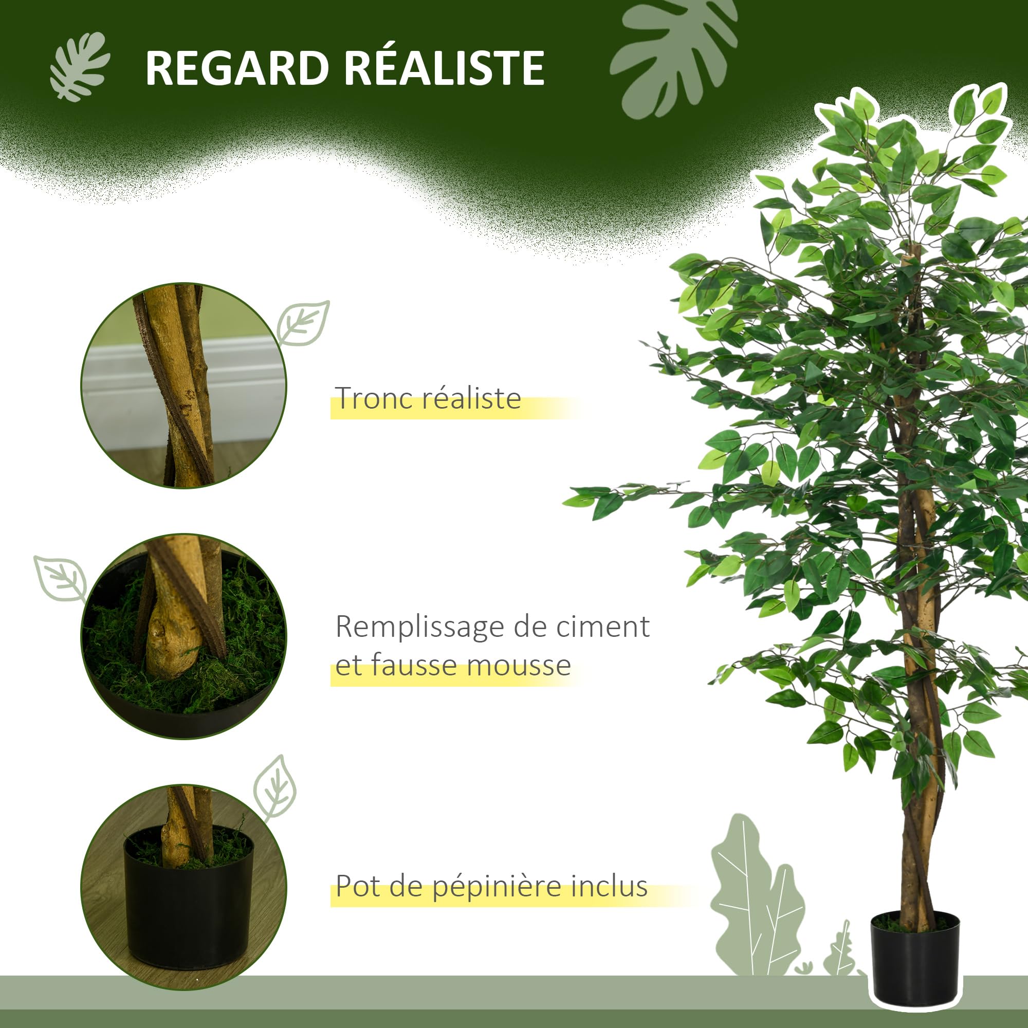 HOMCOM Plante Artificielle Arbre Artificiel ficus Hauteur 1,50 m Tronc Branches Liane Lichen Feuilles Grand réalisme Pot Inclus, intérieur, Vert