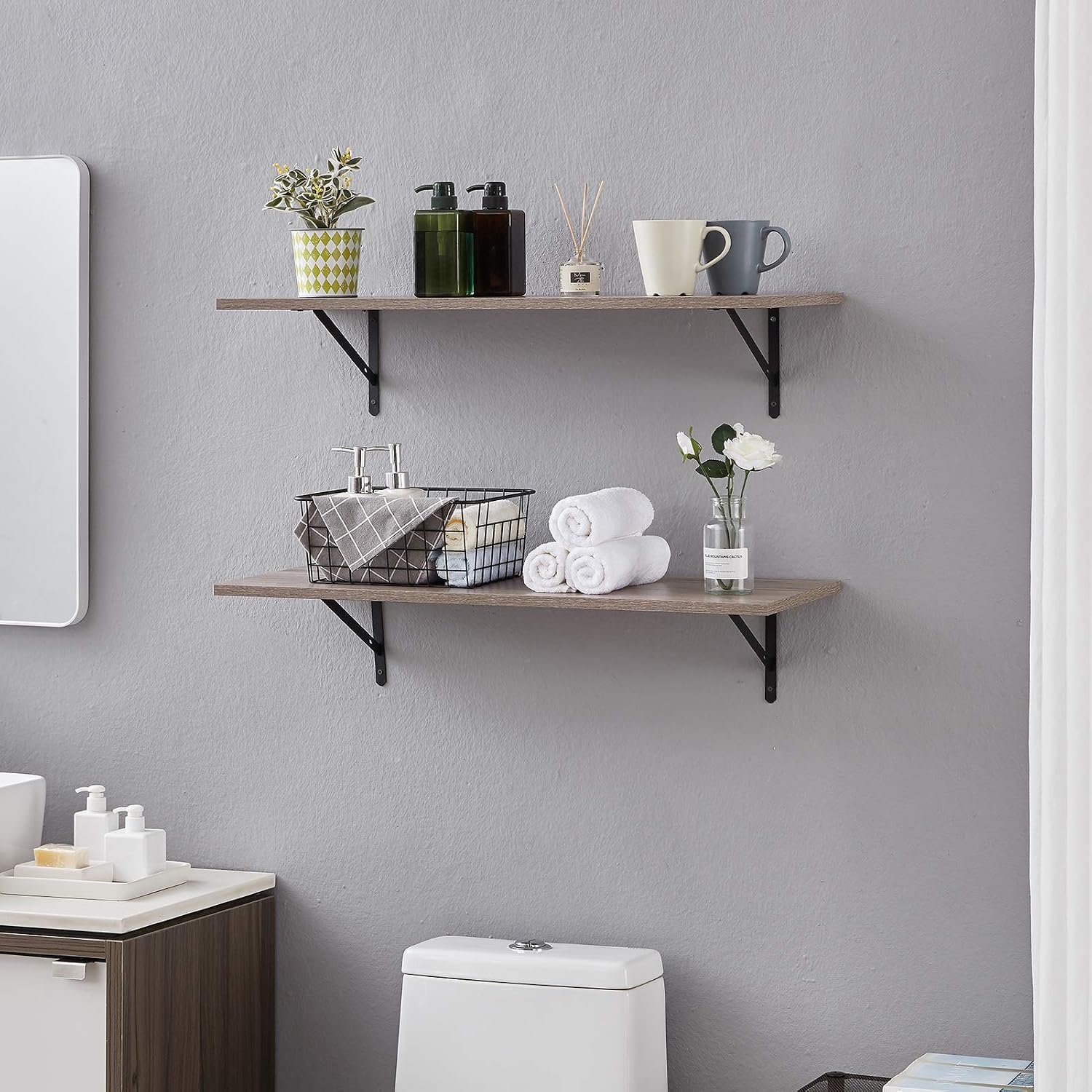 SUPERJARE 31.4 x 11.8 in Wall Mounted Shelves, Set of 2, Large Display Ledges, Rustic Wood Wall Storage Shelves for Living Room/Bathroom/Kitchen/Office - Cream Gray