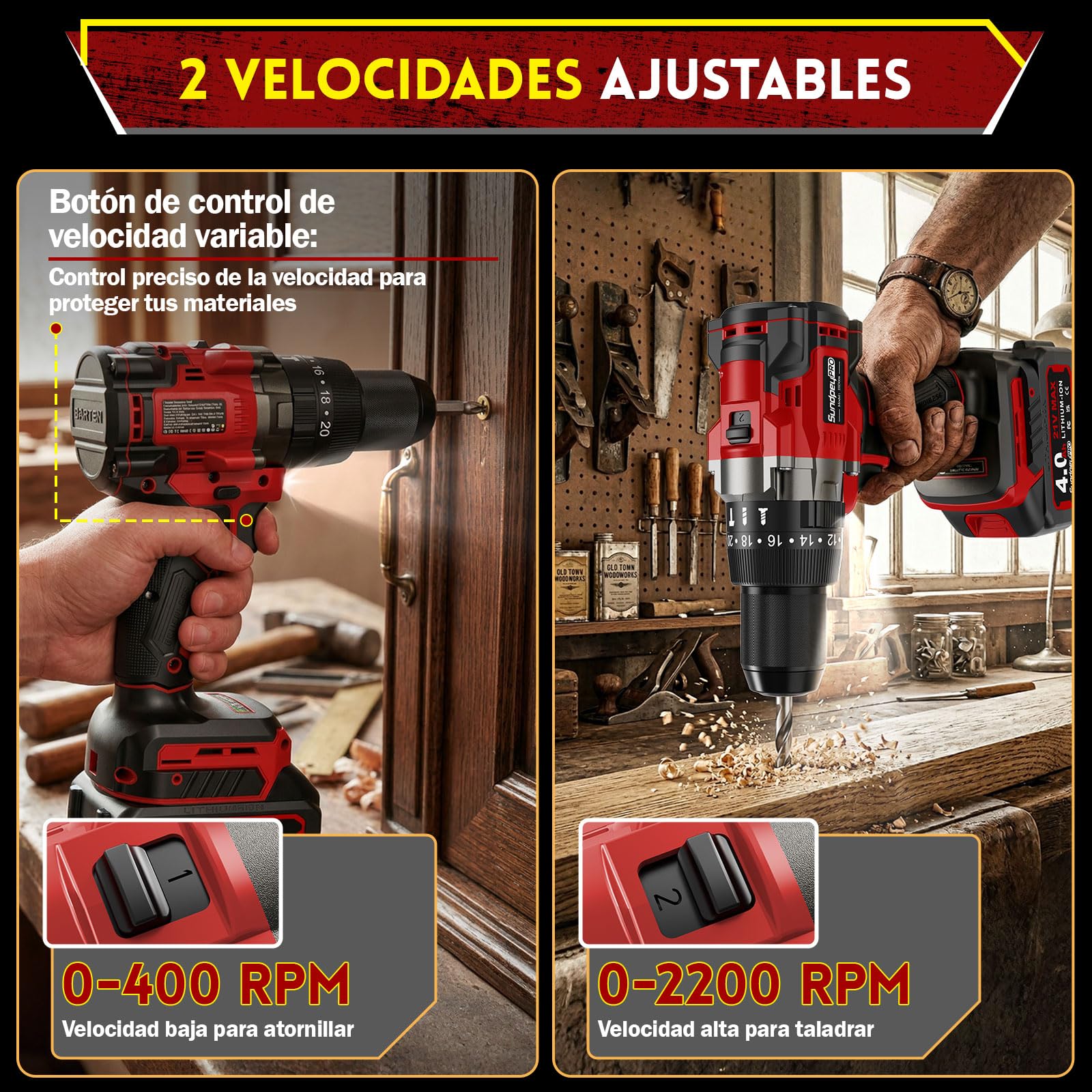 130Nm Taladro Percutor a Bateria - 21V Brushless Taladro Atornillador Batería 4,0Ah, 850W, 20+3 Ajustes de Par, Mandril Todo Metal de 13mm, 2 Velocidades, Luz LED Para Hogar, Bricolaje