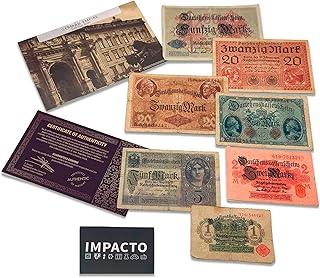 WWI German Empire Collection - 7 banknotes Issued from 1914 to 1918. Certificate of Authenticity Included