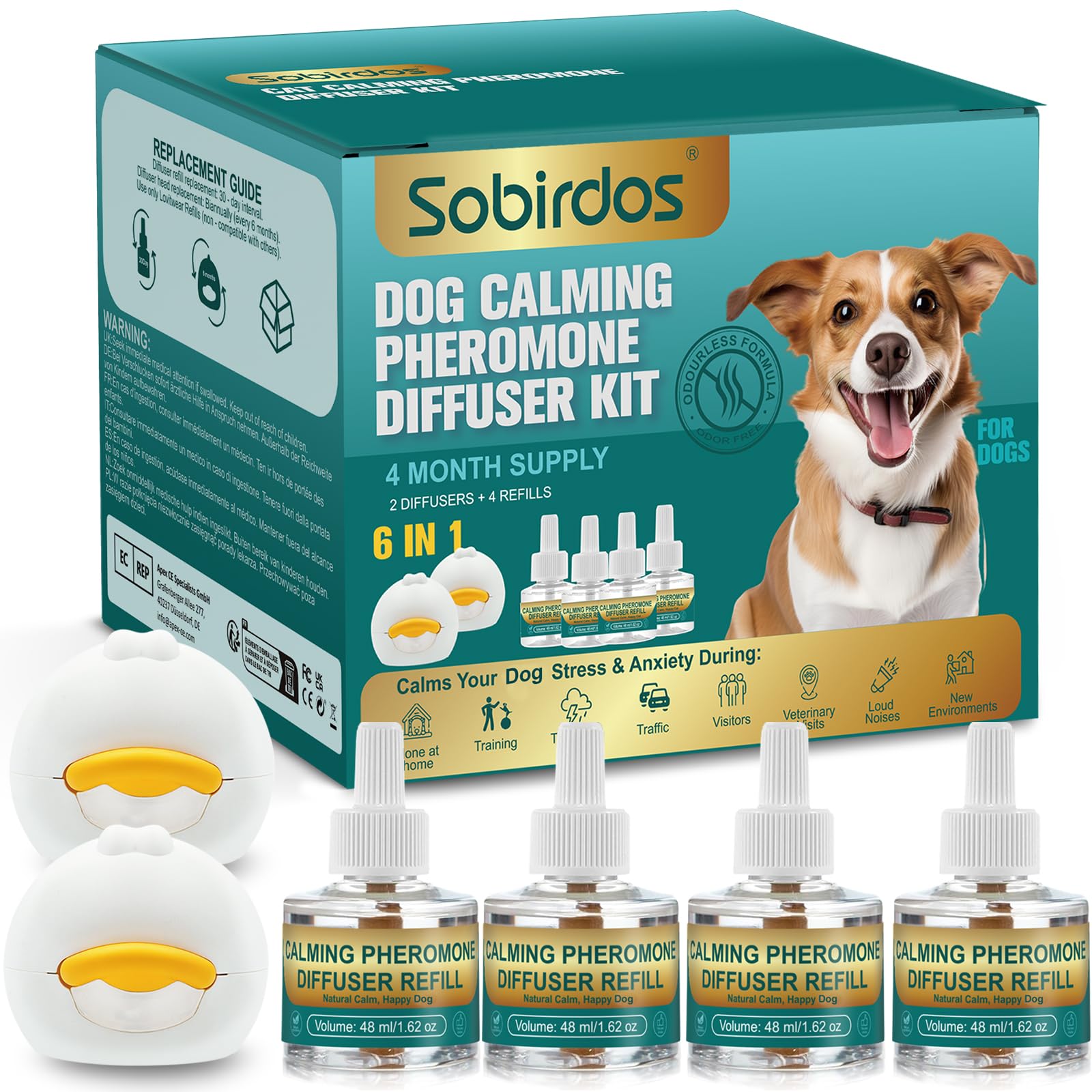 Kit Diffusore di Feromoni Calmanti per Cani, 2 Diffusori + 4 Ricariche, Riduce Ansia e Stress, Calma Naturale per Temporali e Traslochi, Giallo | Formula sicura e naturale, senza farmaci Riproduce i feromoni calmanti di una cagna in allattamento