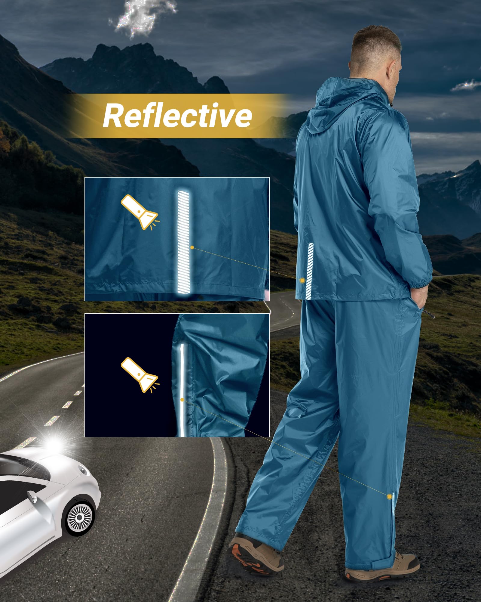 Outdoor Ventures Herren Regenanzug Wasserdichte Packbare Regenset | Reflektierender, Hideway Kapuze, 5 Taschen, Winddichte Regenkombi, Atmungsaktiv, Fischen, Wandern, Radfahren