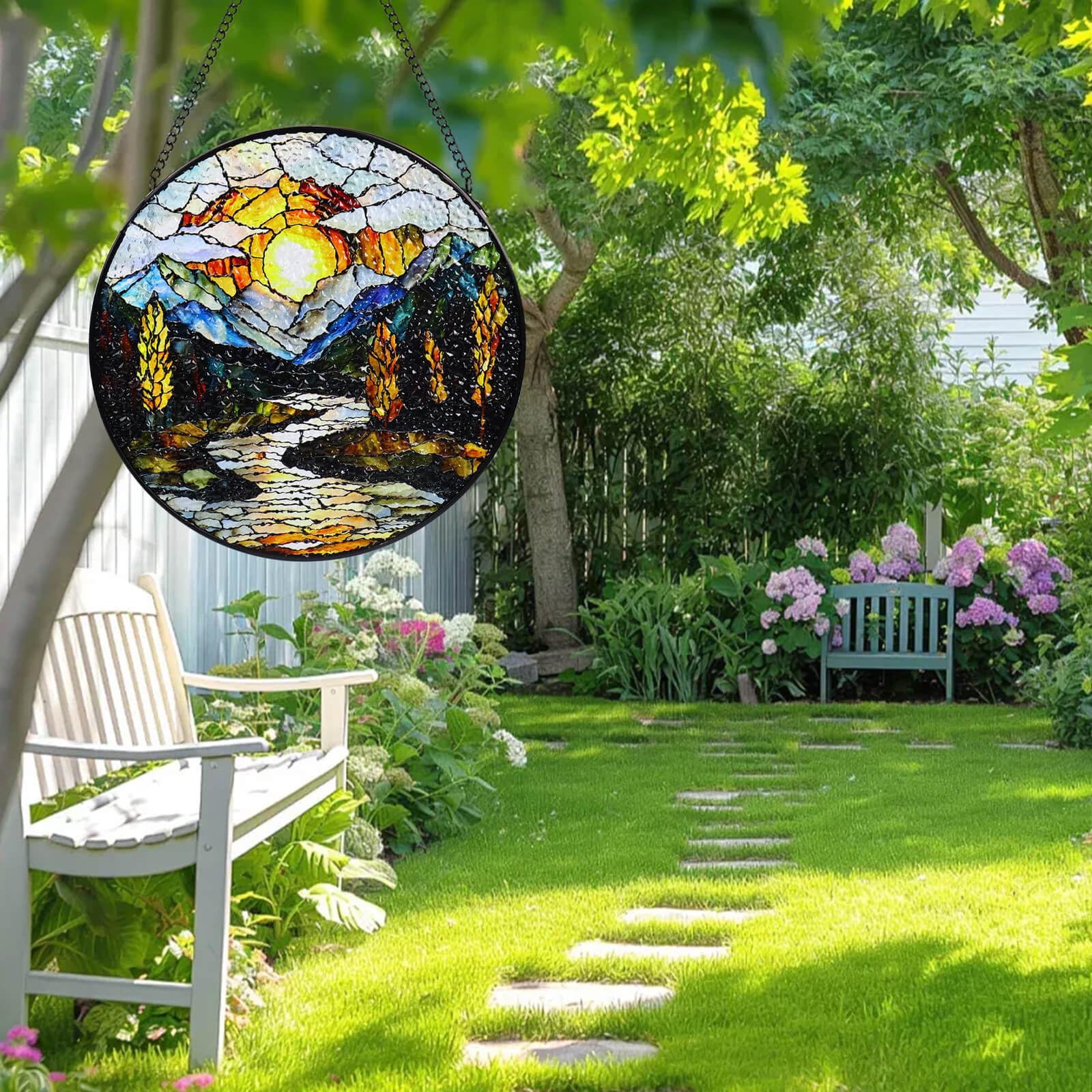 Buntglas-Fensterbehang, 20,3 cm, Sonnenuntergang, Berge, See, Baum, Sonnenfänger, Diamantglasscheibe, Landschaft, Sonnenfänger für Heimdekoration, Geschenk für Frauen, Ehefrau, Mutter, Weihnachten