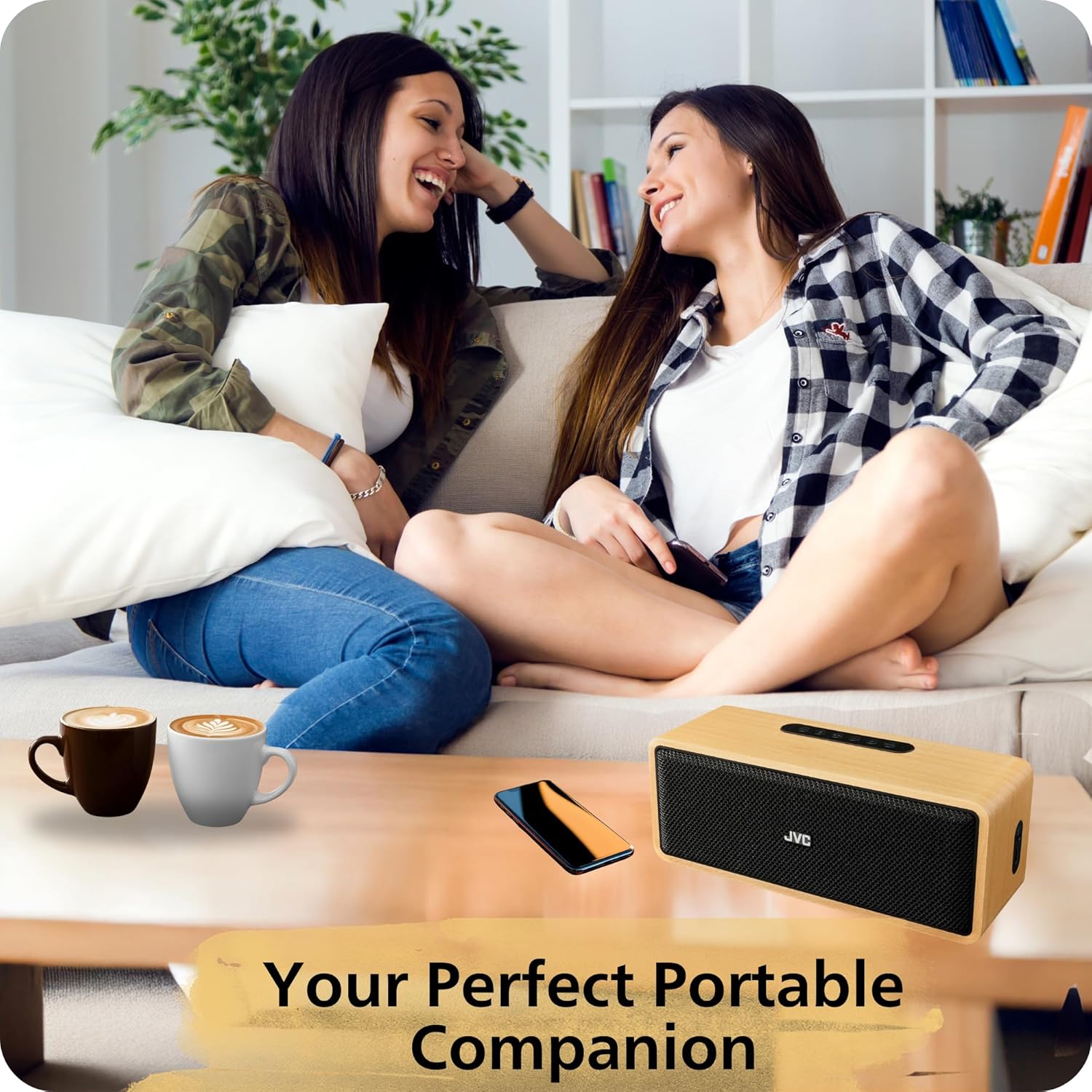 JVC Portable Wireless Bluetooth Stereo Speaker – Genuine Wood, Retro Style, Rich Sound, 12 Hr Battery, Palm-Sized, for Home, Office, or Outdoors, USB-C and Aux Input - SPWS2BT