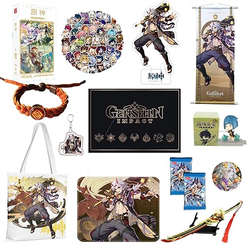 LimuToy Genshin Impact Box Incluye caja ciega de figuras de impacto Genshin, bolsa de lona, bandera, figura de soporte, alfombrilla de mouse,