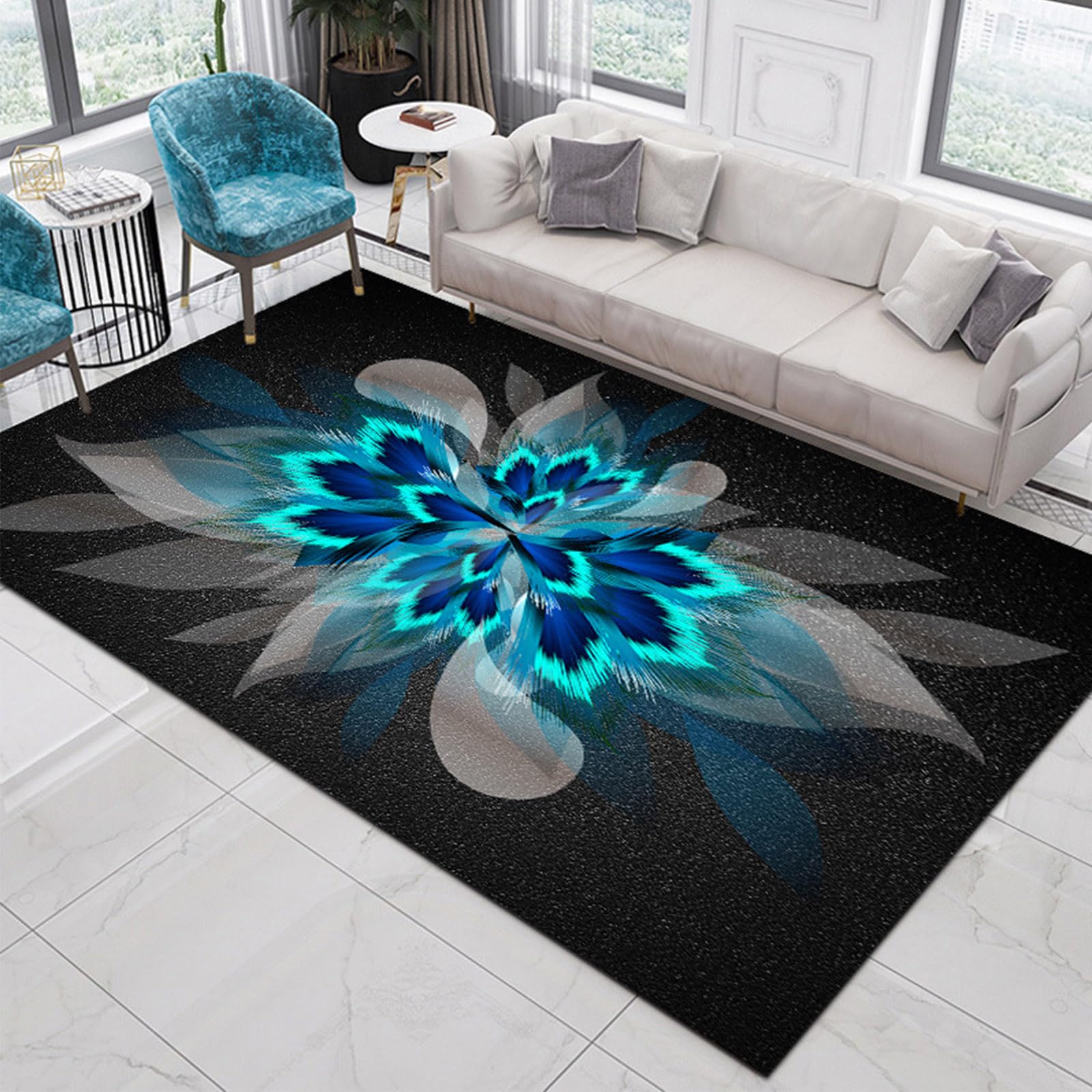 KTYUTJDH Large Area Rug Art Deco Living Room Soft Carpet Modern Contemporary Home Decor,Black Grey Dark Blue Turquoise Feather Pattern Modern,Blue,Rectangular 180 x 250 cm
