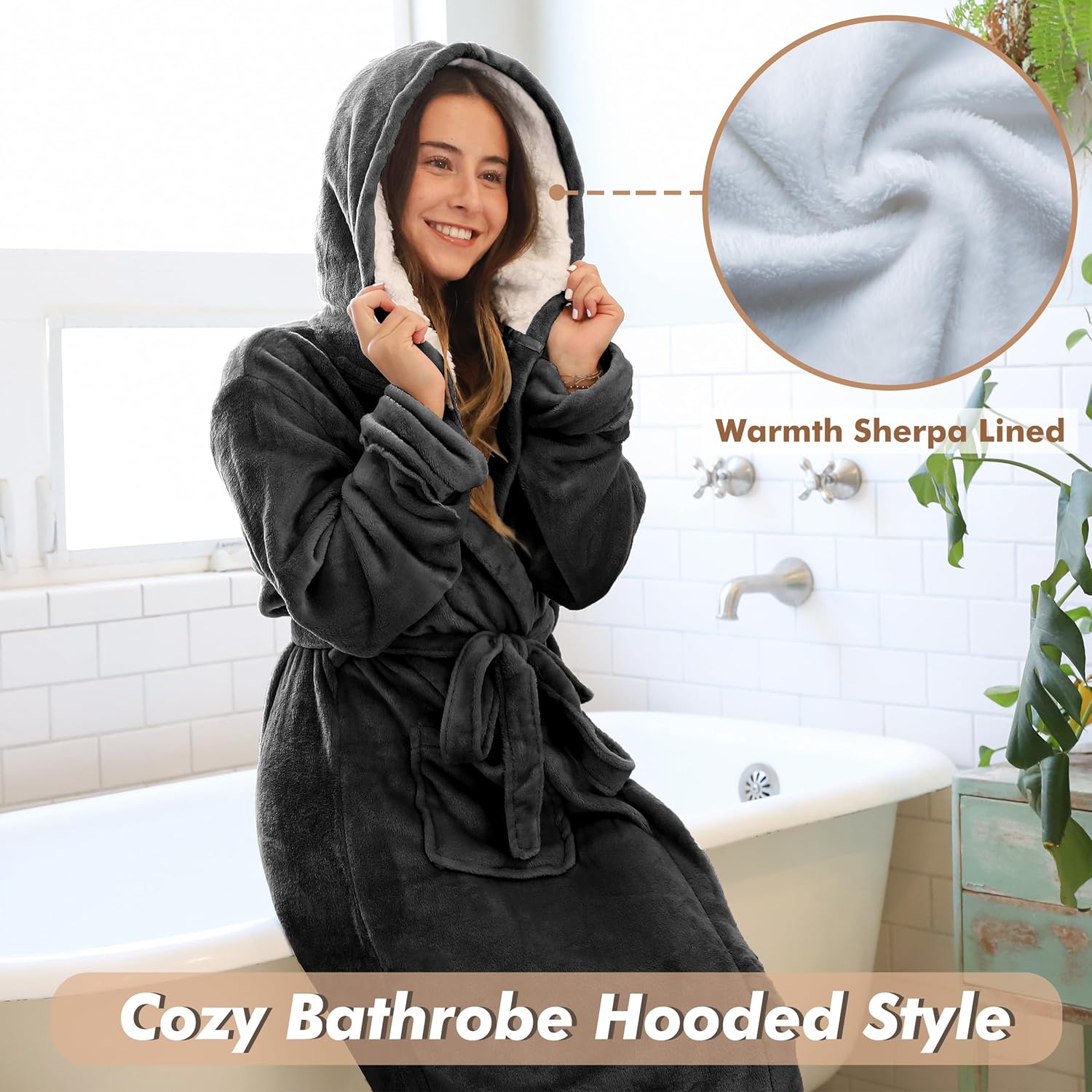 Tirrinia Hooded Sherpa Robe Long Plush Fuzzy Bathrobe for Women with Hood Sherpa Lined Black - Image 3