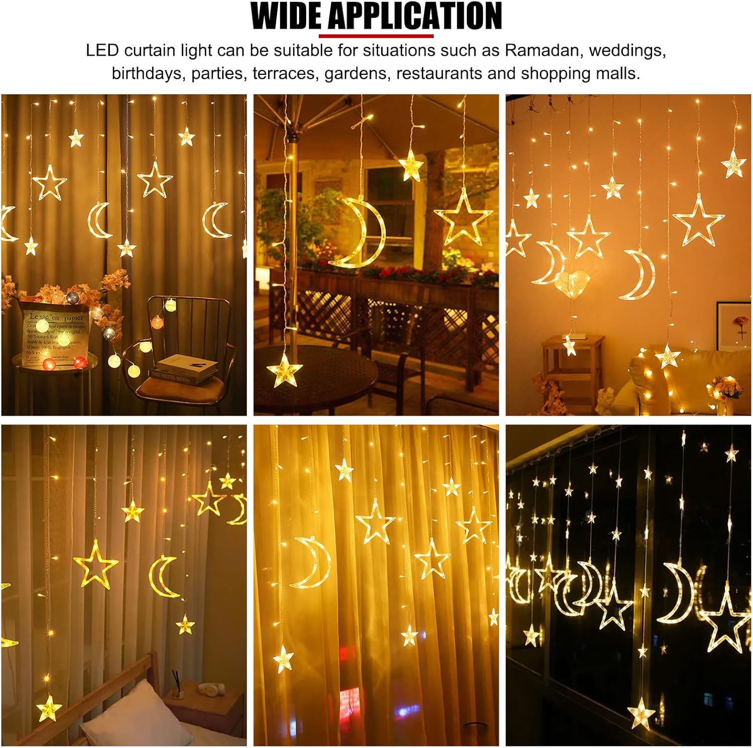 Gavigain Star Moon Curtain String Lights, 10ft 126 LED Ramadan Outdoor Lights with Steady/Flashing Modes for Halloween, Christmas, Camping, Patio Decor