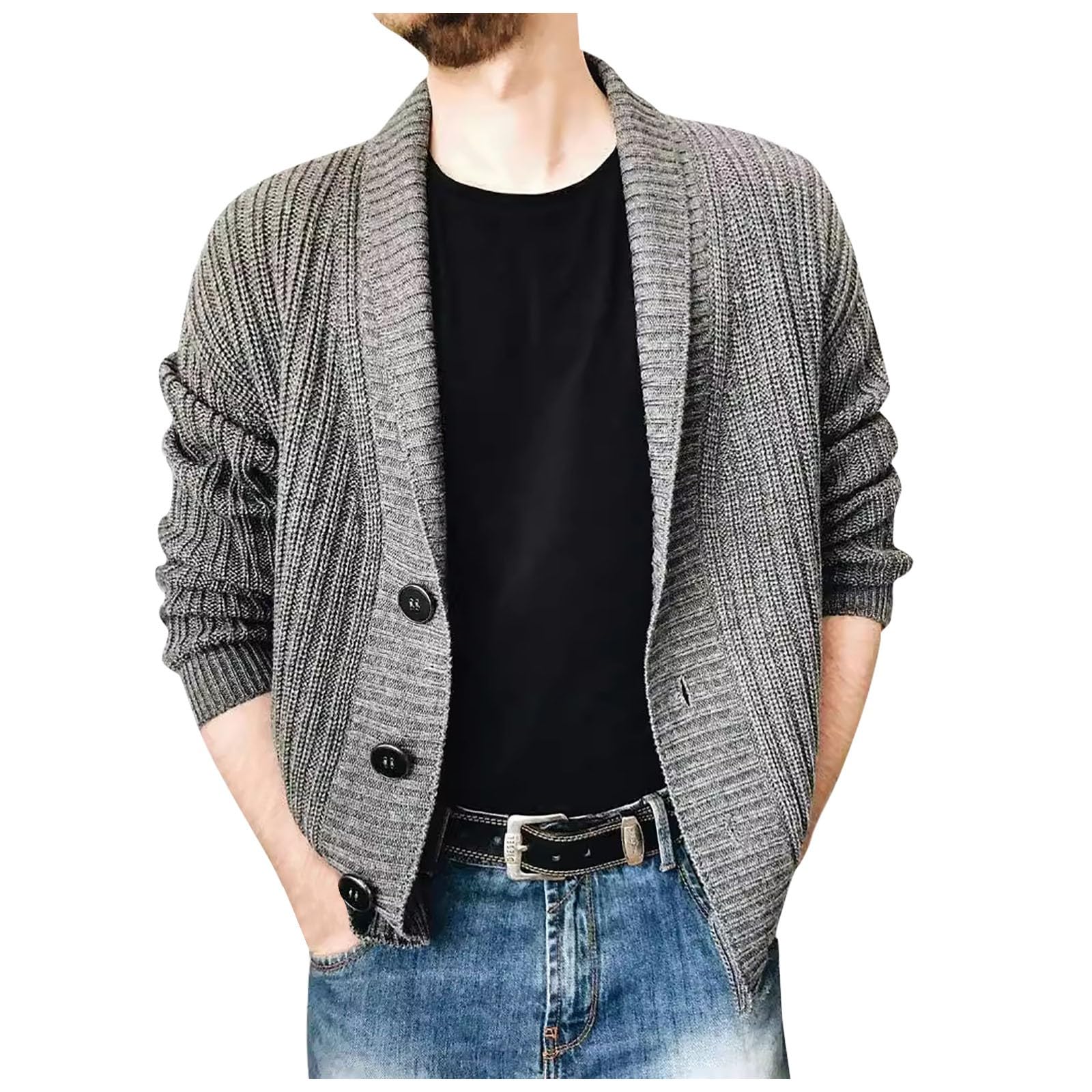 Cárdigan De Punto para Hombre, Chaqueta Punto Botones Hombre Manga Larga Cárdigan De Punto Trenzado Casual Cuello De Chal Abotonado con Bolsillos para Exterior El Ocio