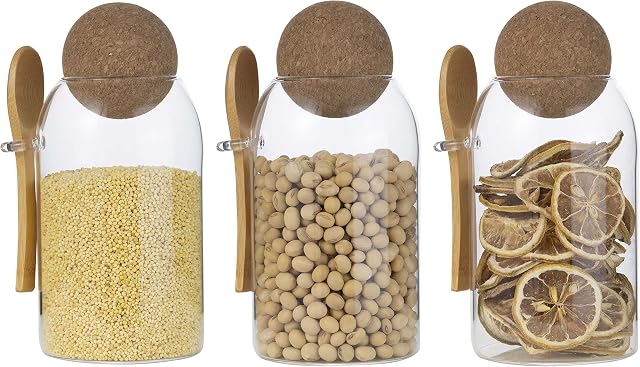 ORNAMI Clear Glass Storage Jar with Cork Ball, Mason Canister with Spherical Lid and Spoon (0.8L, Set of 3)