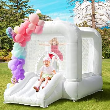 9FT Kids Bounce House with Safety Handrail for Toddlers 2-6, Foldable Indoor/Outdoor Jumper for Backyard & Playroom, Encourages Active Play & Balance Development White