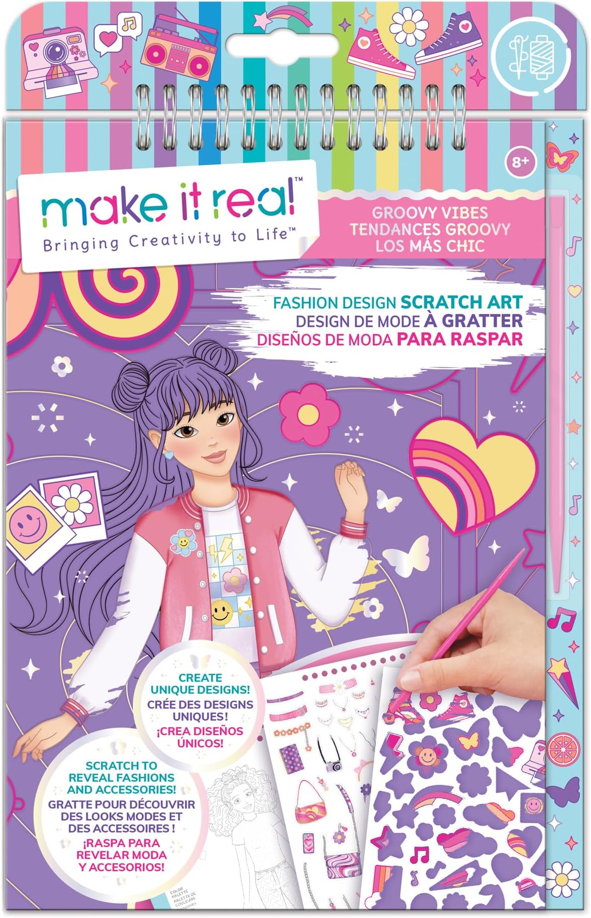Make It Real: Fashion Design Scratch Art: Groovy Vibes - Scratch to Reveal Fashions & Accessories, Coloring Pages & Sticker Sheet, Girls & Kids Age 8+