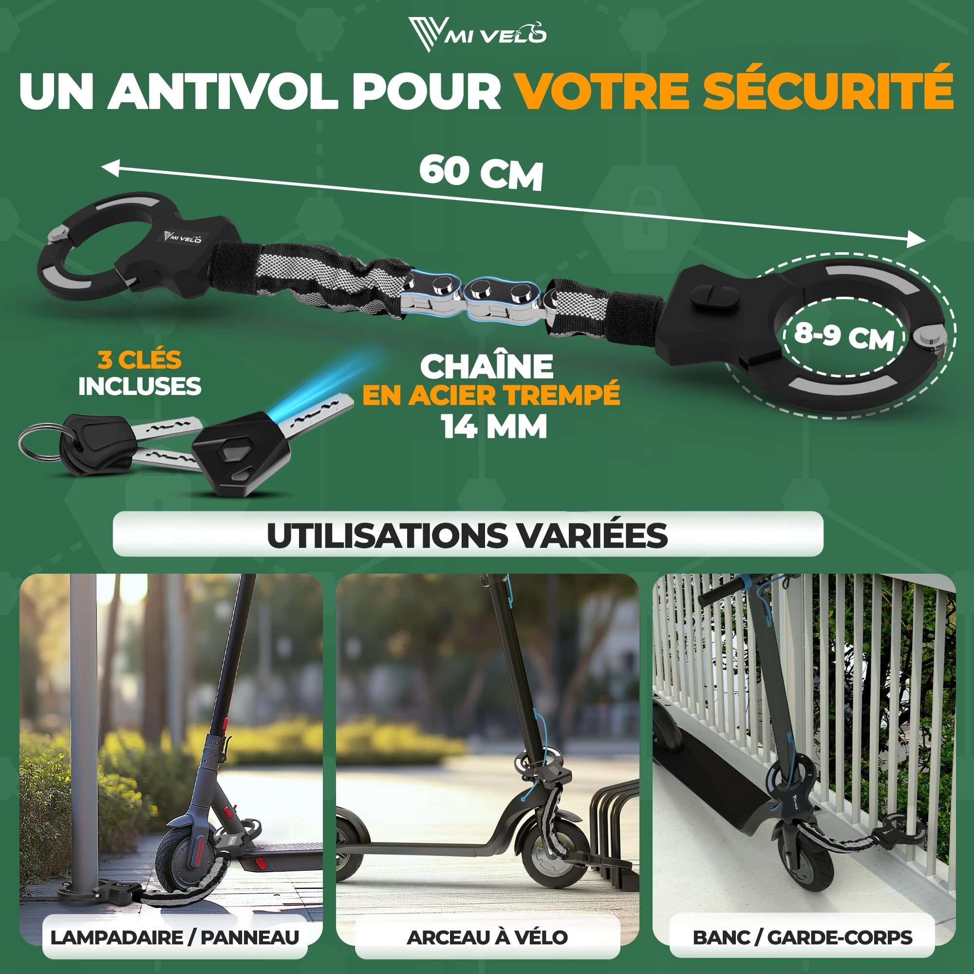 MIVELO Antivol de scooter électrique extra sûr - Cadenas à chaîne I Menottes pour scooter électrique I Haute sécurité - Avec support I Serrure E-Roller