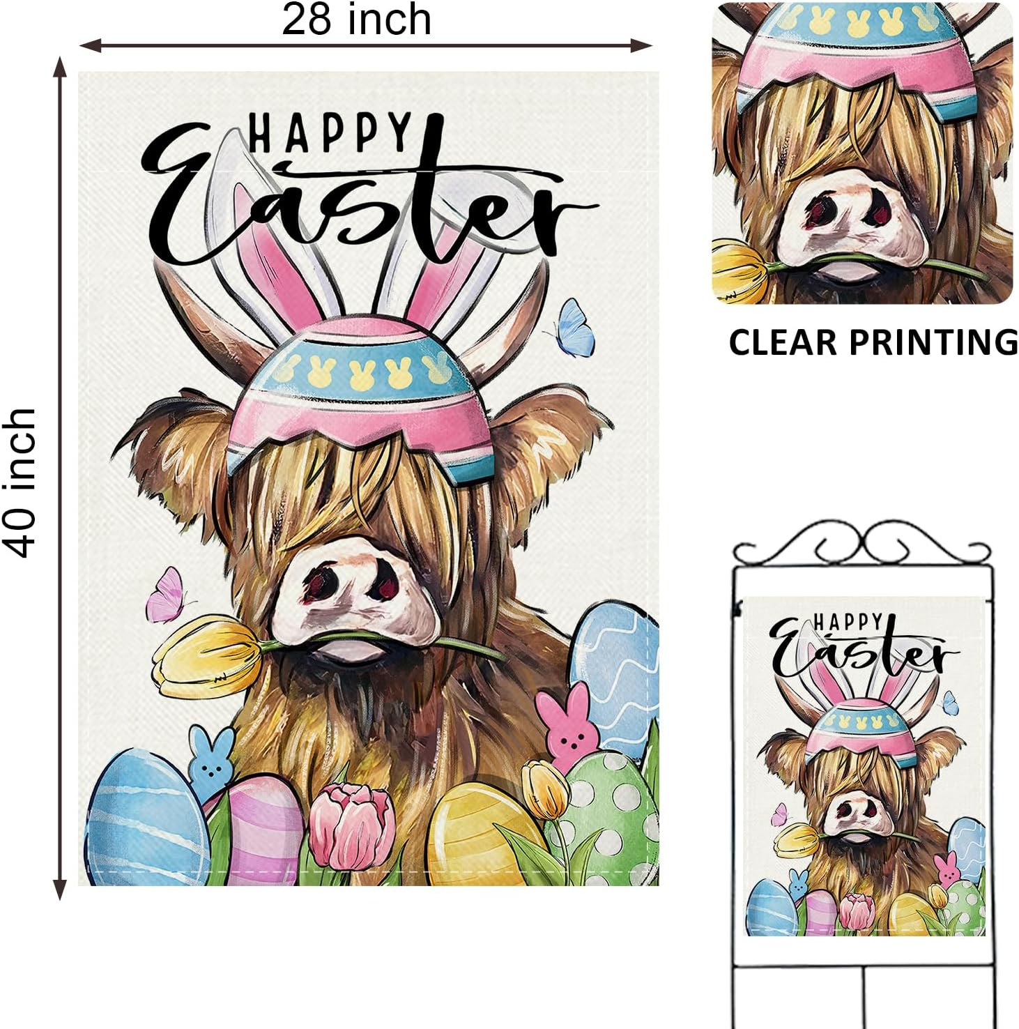 Happy Easter Highland Cow Decorative House Flag, Cute Easter Eggs Peeps Farm Garden Yard Outside Decoration, Spring Farmhouse Rustic Burlap Outdoor Large Home Decor Double Sided 28 x 40 - Image 2