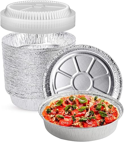 Glownary Sartenes redondos de papel de aluminio de 9 pulgadas con tapas transparentes, recipientes desechables con paredes rectas para almacenar,