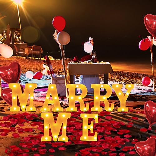 Miniatura 7 de WUEURU Decoración de propuesta de letrero con texto en inglés "Marry Me", letras iluminadas, globos de corazón de pétalos de rosa roja, kit de