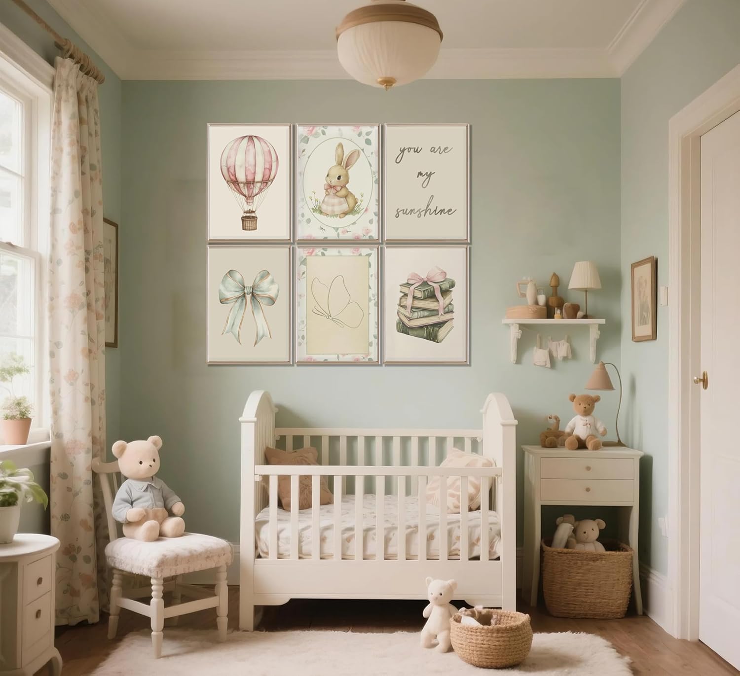 JJN 6pcs Vintage Nursery Wall Art Green Bunny Butterfly Bow Wall Decor Prints Nursery Bow Canvas Poster Baby Girl Room Rabbit Picture Vintage Painting for Girl Bedroom Unframed