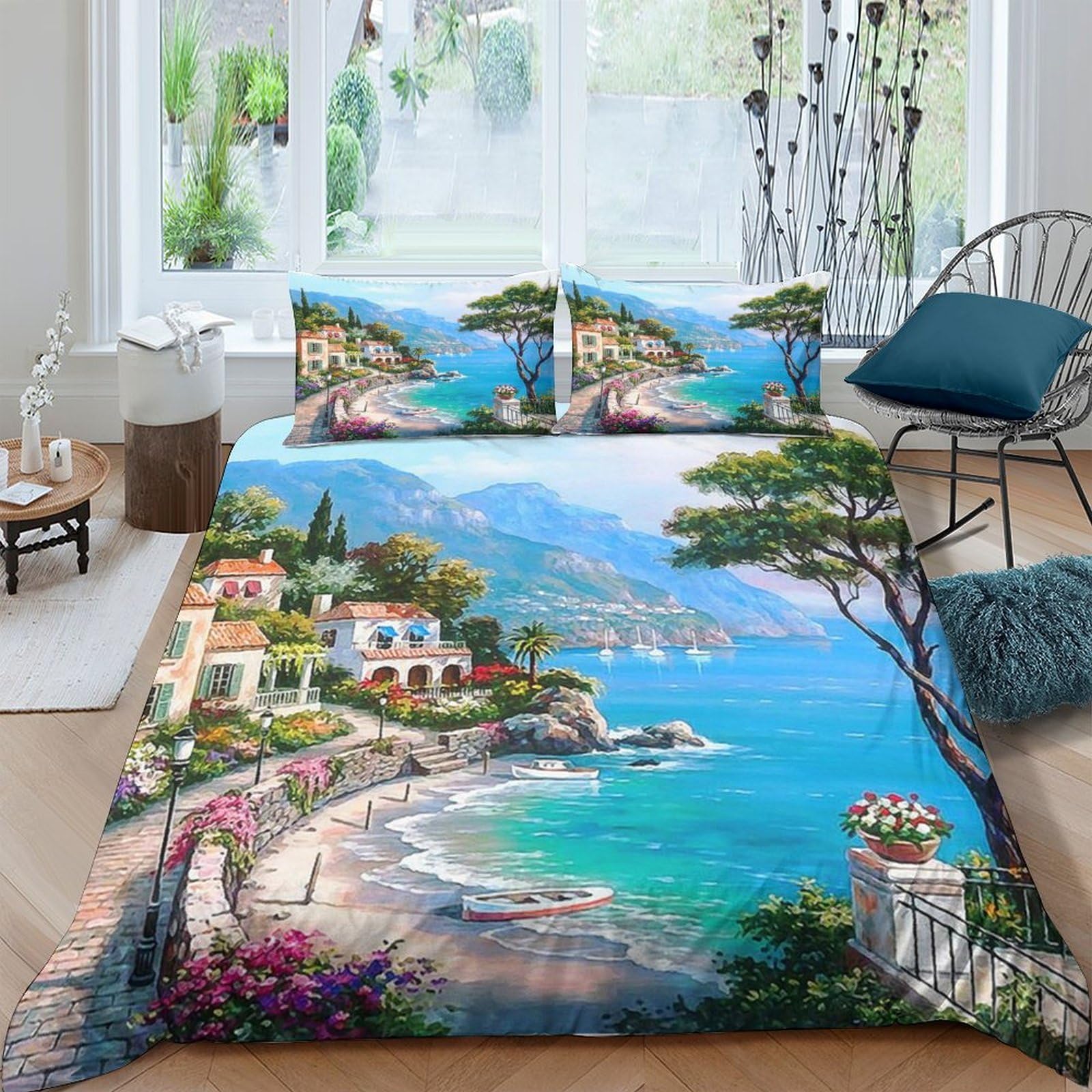 Ctjqhvkz Style-8 3D Printed Mediterranean Coast Fitted Sheet Microfiber Soft Easy Care Sea View Bed Cover For Bedroom Dorm Mattress Decor Single（135X200cm）