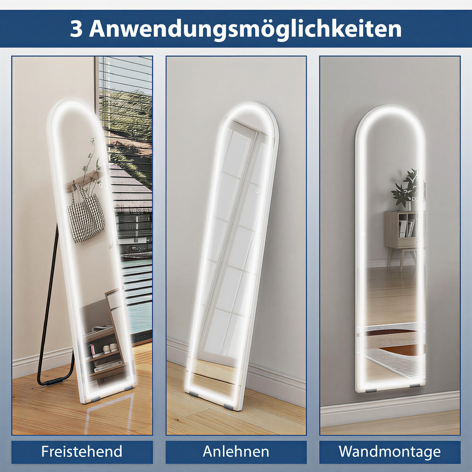 HOMCOM Ganzkörperspiegel mit Beleuchtung 150 x 40 cm Großer Bodenspiegel mit dimmbaren LEDs, 3 Lichtfarben, Memory-Funktion, gewölbt, zum Hängen oder Anlehnen an die Wand, für Schlafzimmer, Weiß