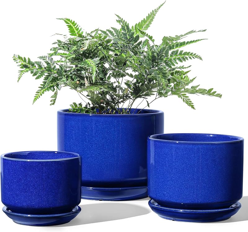 LE TAUCI Macetas de cerámica, 4.3+5.3+6.8 pulgadas, juego de 3, maceteros con orificio de drenaje y platillo, maceta de interior con almohadilla de malla con agujeros, regalos para mamá, azul zafiro