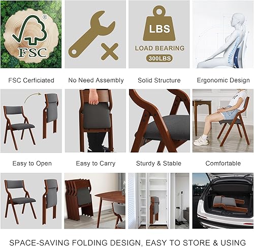 Miniatura 6 de Ball & Cast Silla plegable con asiento acolchado, silla de comedor plegable portátil de madera con respaldo y cojín de diseño ergonómico, fácil de