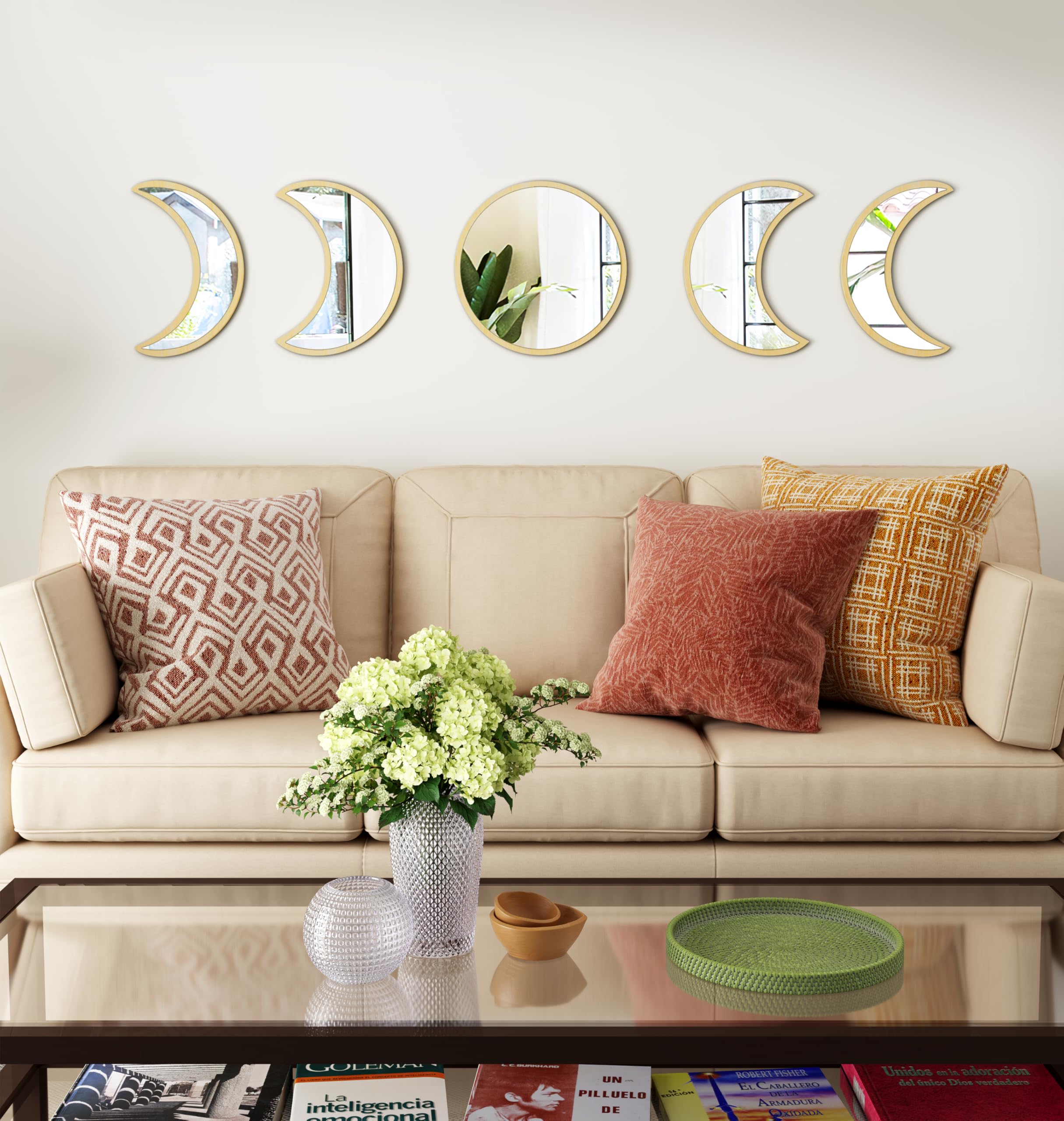Elegante set di specchi da parete con fasi lunari – 5 pezzi specchi decorativi in acrilico bohémien per decorazione domestica, soggiorno e camera da letto (grezzo)