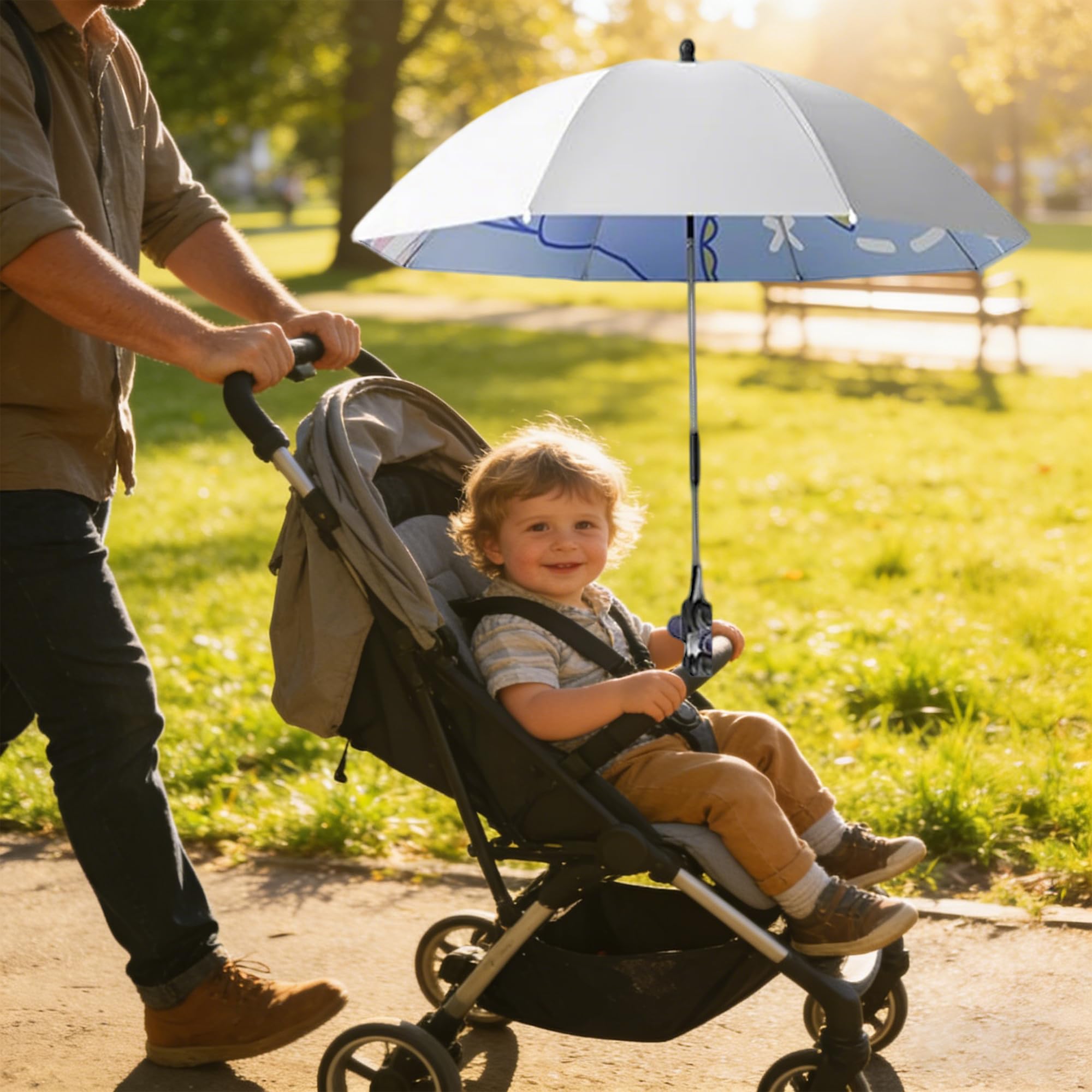 Universal Sonnenschirm Sonnenschutz UPF 50+, Kinderwagen-Sonnenschirm, 85 cm Durchmesser mit Einem Regenschirmgriff, Universal Parasol fürKinderwagen, Kinderwagen(Blauer Dinosaurier)