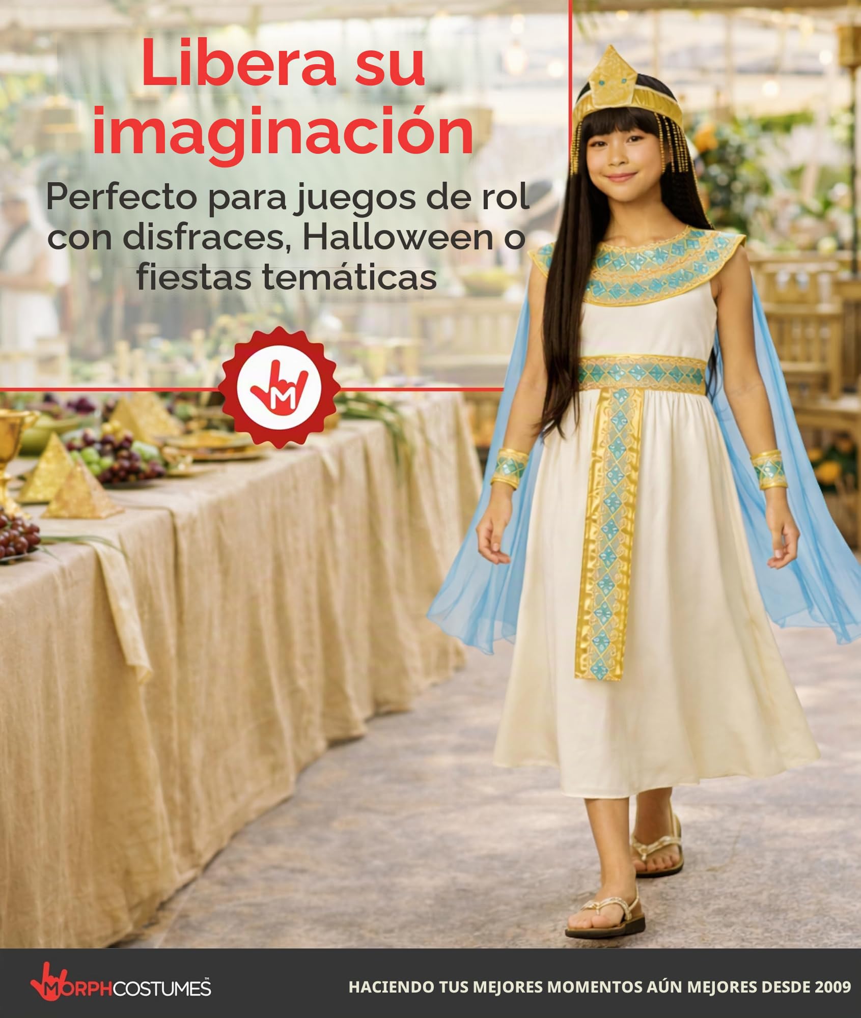 Morph Disfraz Cleopatra Niña, Disfraz Egipcio Halloween Niña | Vestido, Collar, Tocado, Capa & Puños, Reina del Antiguo Egipto, Perfecto para Halloween, Ideal para Juegos de Rol