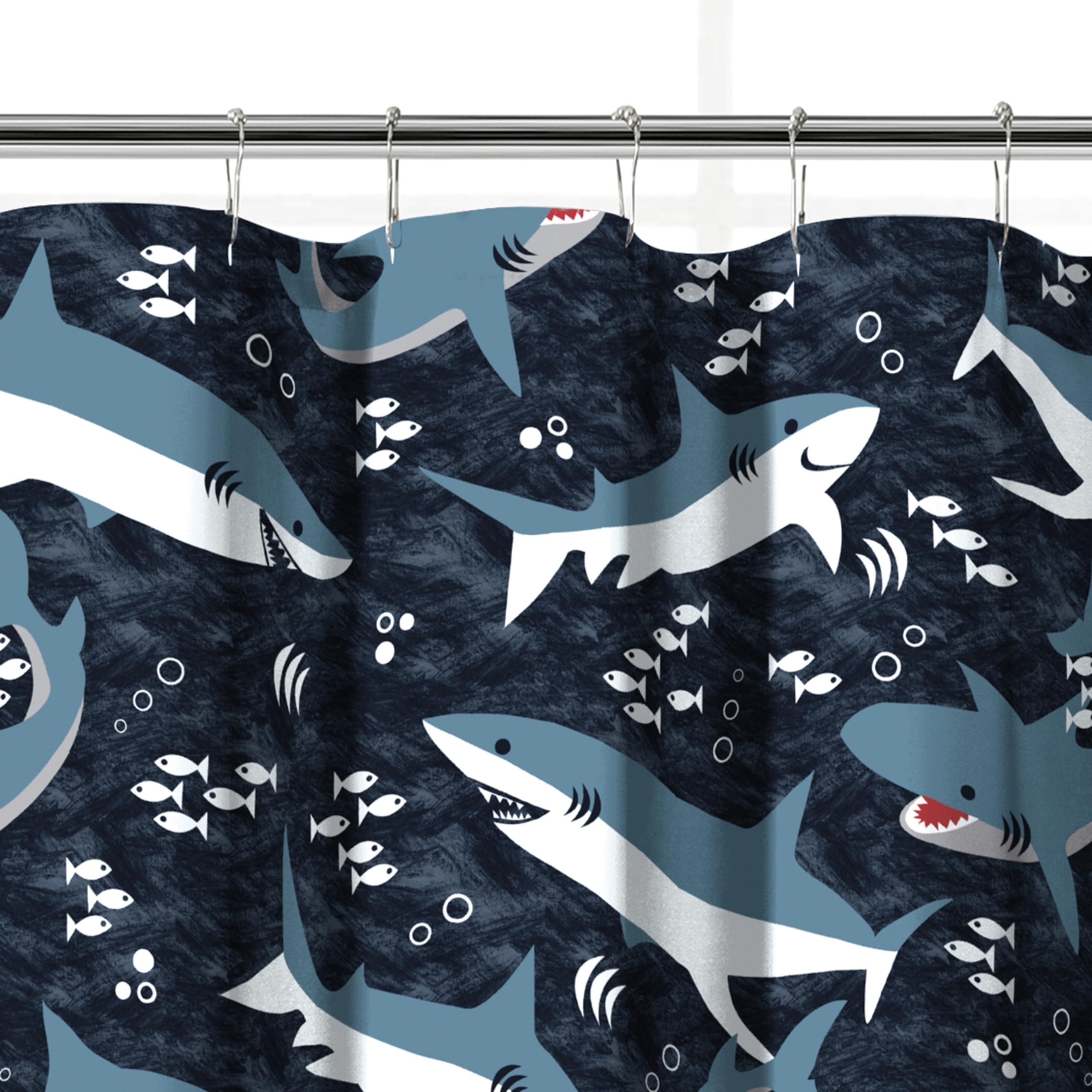 dream FACTORY Cortina de Ducha de Tela para niños, 72 Pulgadas de Ancho x 72 Pulgadas de Largo, Tiburones Azules
