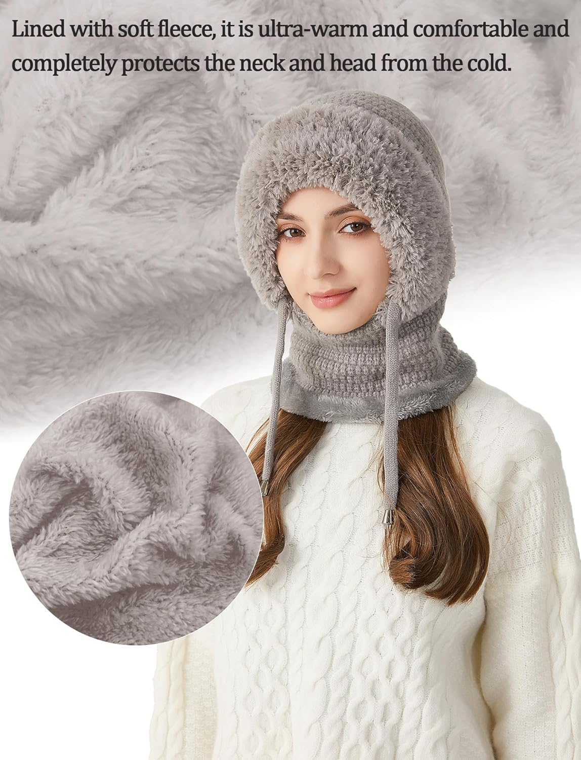 SEAUR Women's Knit One-Piece Hat with Scarf Elastic Face Mask Fleece Balaclava with Drawstring Winter Warm Ski Beanie Cap