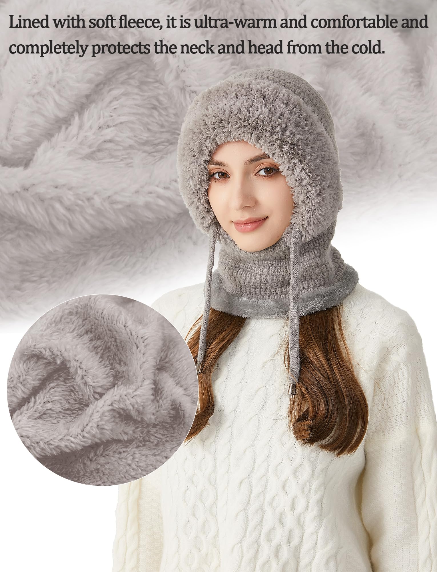 SEAUR Bonnet d'hiver souple pour femme avec doublure en polaire - Cagoule chaude - Avec cordon de serrage
