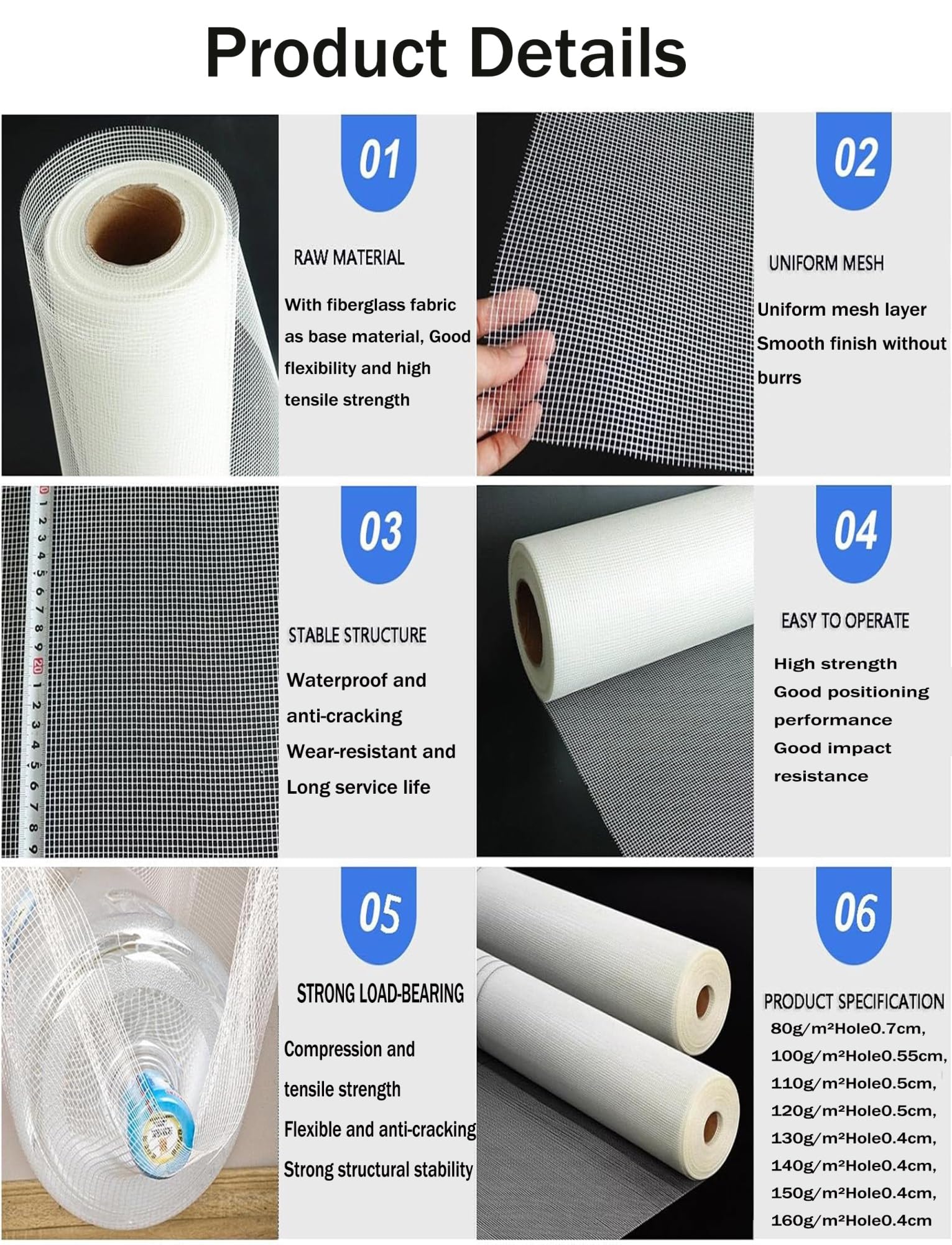 Rete in Fibra di Vetro Resistente agli Alcali per Intonaco e Facciate | Rotolo di Rinforzo Senza Adesivo per Stucco, Piastrelle, Gesso e Crepe, resistente alle crepe(100 meters,100g/m²Hole0.55cm)