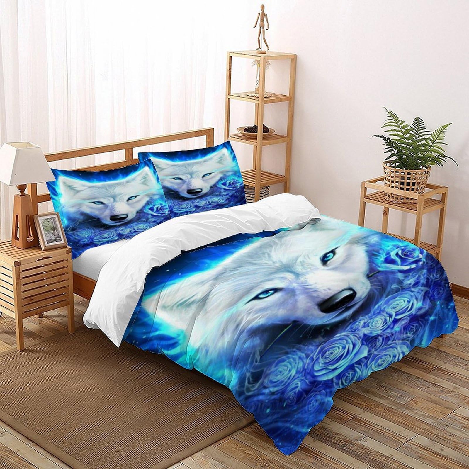 Parure de lit loup 3 pièces 260x220cm, housse de couette microfibre super king avec taies