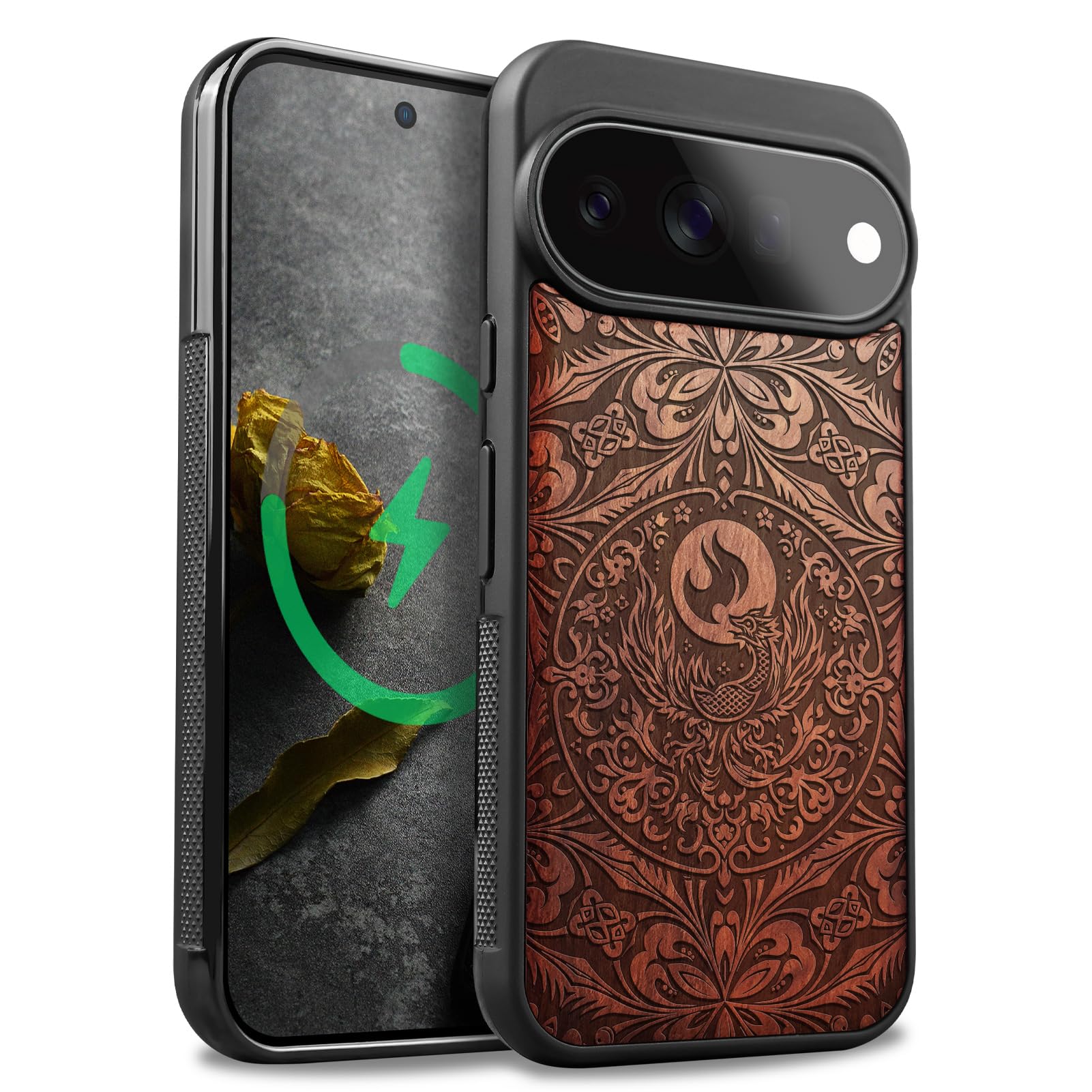 Coque Pixel 11 Pro bois véritable avec mandala phénix gravé protectrice et chic - 8