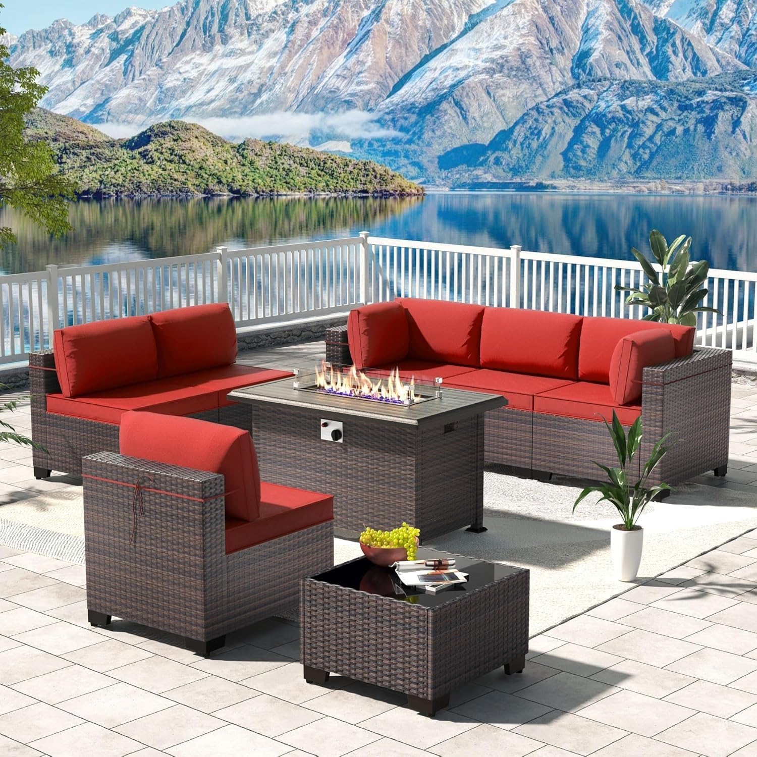 8 Pieces PE Rattan Sectional Sofa Set with Manual Wicker Couch, Outdoor Patio Conversation Set Featuring 43 Inch Gas Fire Pit Table for Backyard Garden Deck Lounge Gathering Space