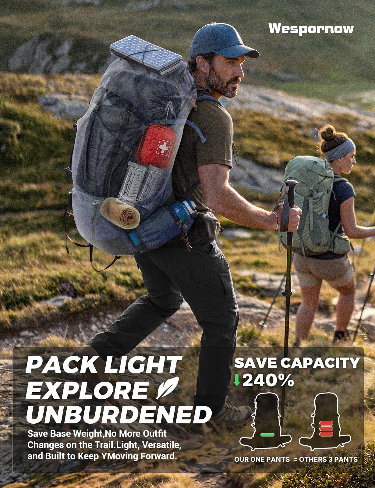 Wespornow Pantaloni da trekking da uomo, con zip, rimovibili, traspiranti, per attività all'aria aperta, ad asciugatura rapida, con 5 tasche, Nero , 5XL