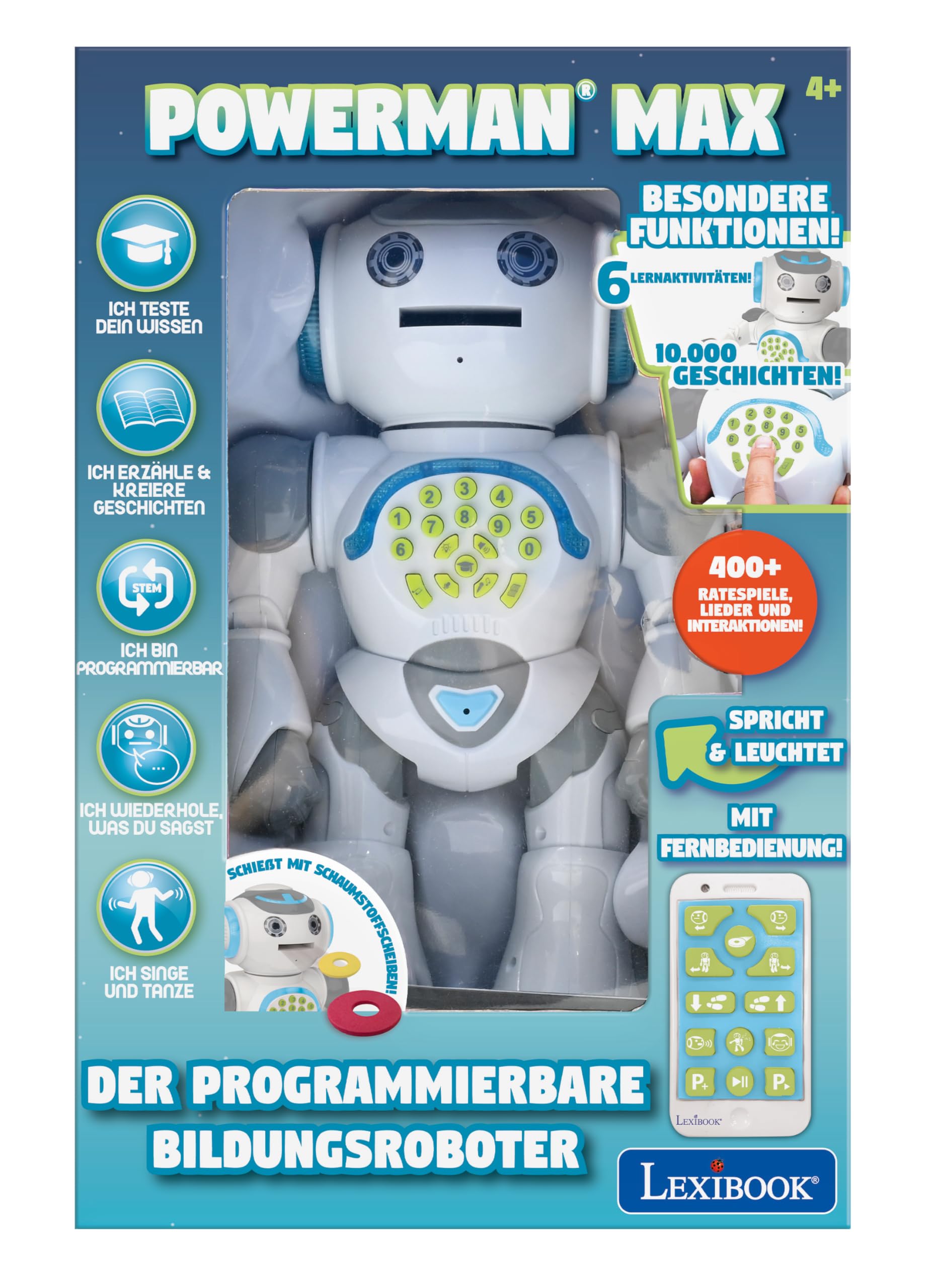 Lexibook, Powerman Max, Fernbedienung Gehen Sprechender Spielzeugroboter, STEM Programmierbare, Tänze, Singen, Lernquiz, Schießende Discs, Sprachwiederholung, Deutsch, ROB80DE